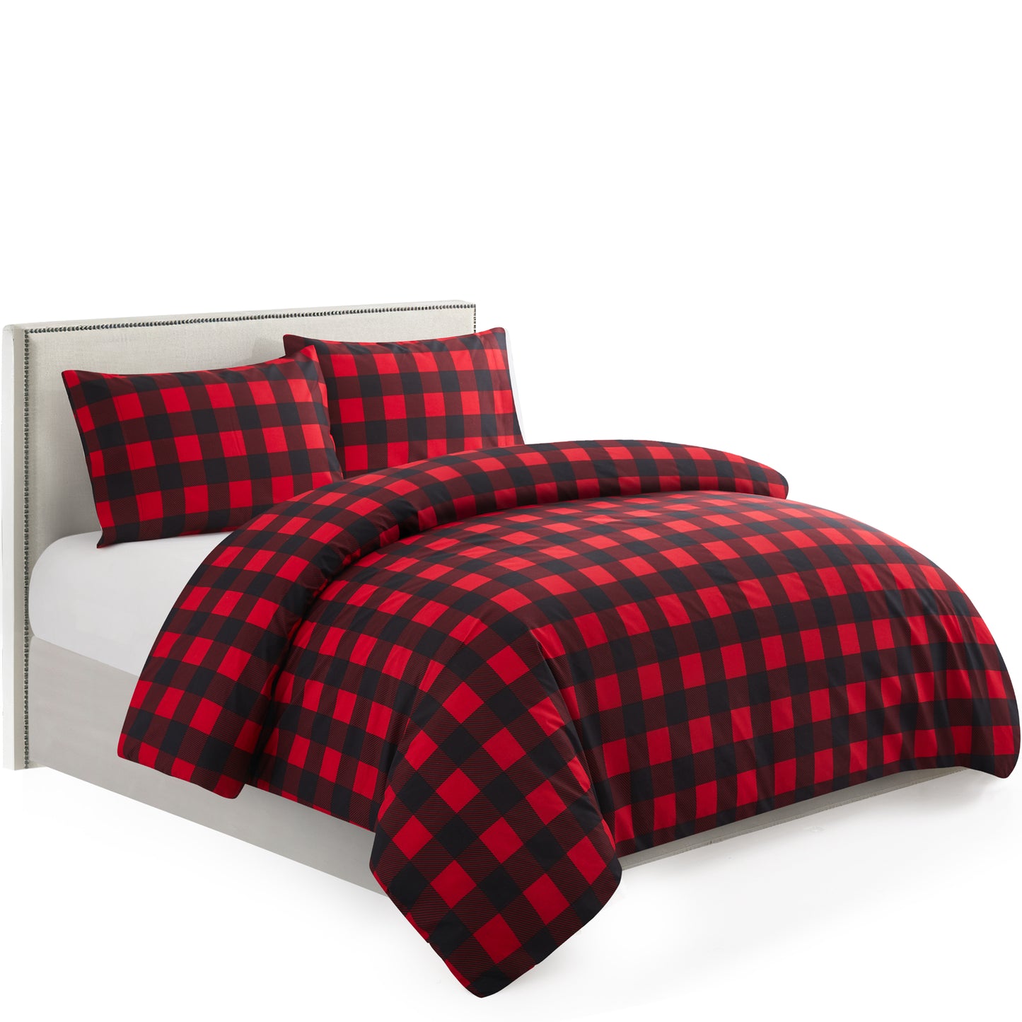 Printed Rayon from Bamboo Soft All Season Duvet Cover Fitted Sheet Ensemble Bedding Set with Zipper and Corner Tie, Red Black Plaid
