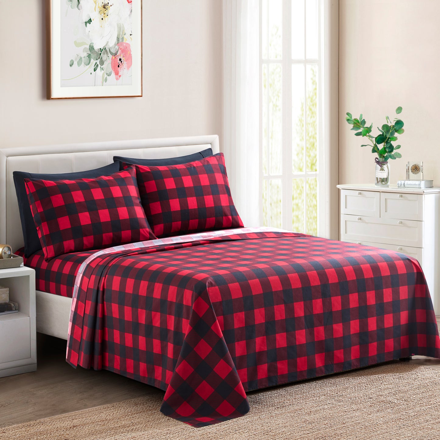 Printed Rayon from Bamboo Soft Deep Pocket Bedding All Season Sheet Set, Red Black Plaid