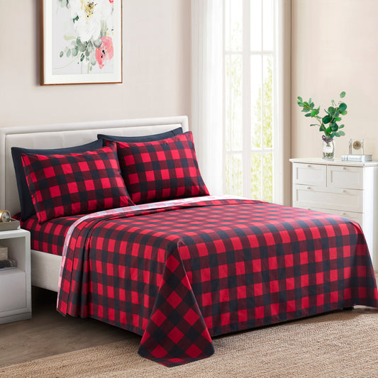 Printed Rayon from Bamboo Soft Deep Pocket Bedding All Season Sheet Set, Red Black Plaid