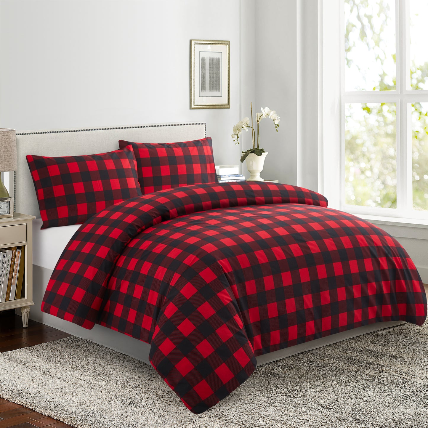 Printed Rayon from Bamboo Soft All Season Duvet Cover Fitted Sheet Ensemble Bedding Set with Zipper and Corner Tie, Red Black Plaid