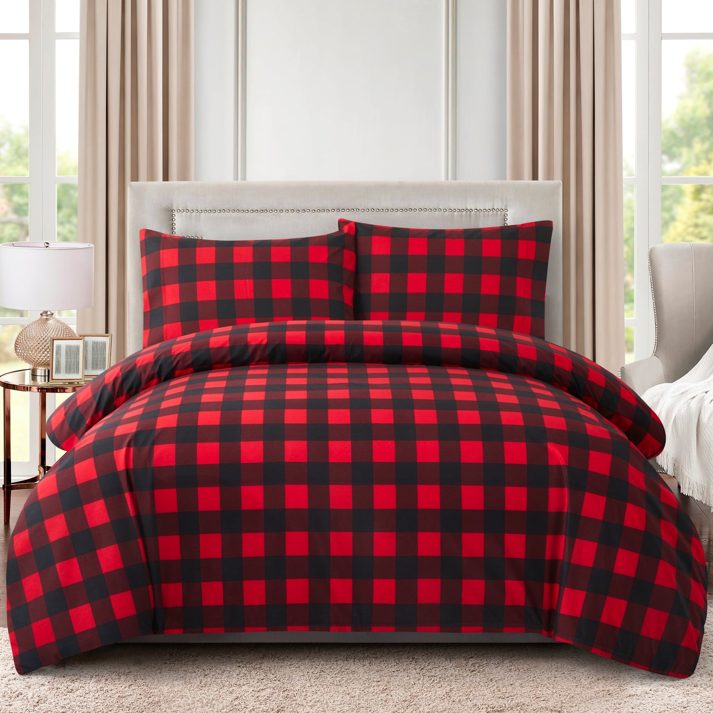 Printed Rayon from Bamboo Soft All Season Duvet Cover Fitted Sheet Ensemble Bedding Set with Zipper and Corner Tie, Red Black Plaid