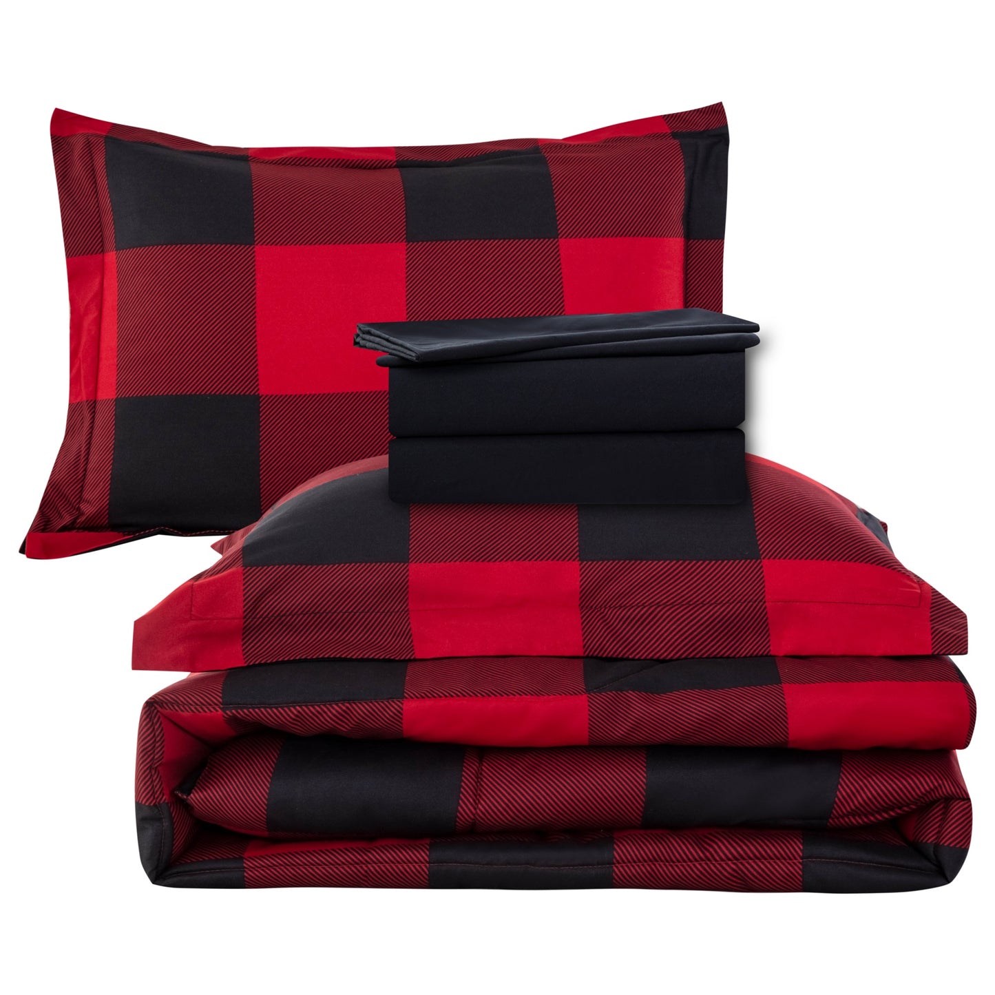 Printed Bed in a Bag Soft Luxury Fluffy Goose Down Alternative Comforter and Sheet Set, Red Black Plaid Pattern