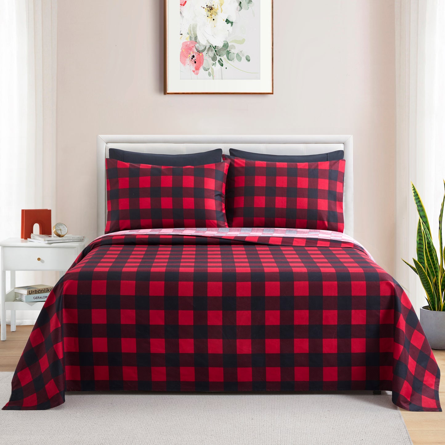 Printed Rayon from Bamboo Soft Deep Pocket Bedding All Season Sheet Set, Red Black Plaid