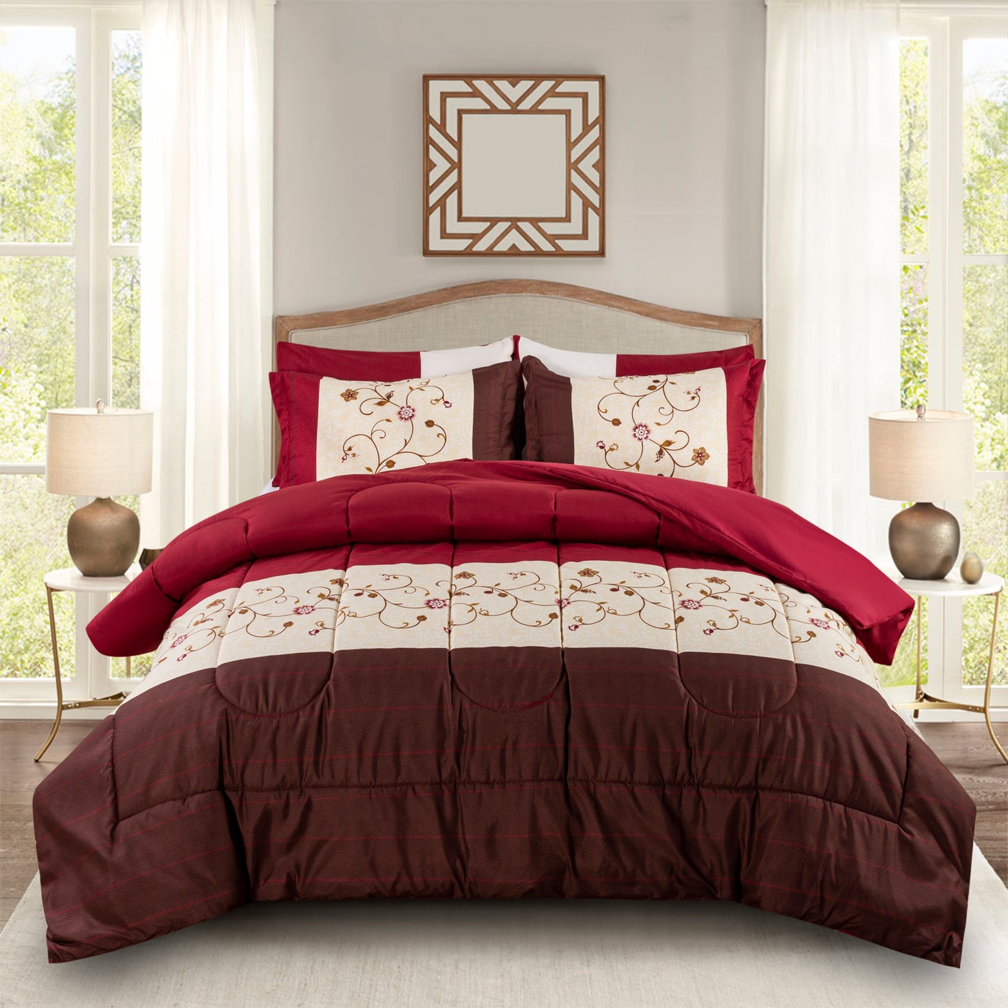 Printed Bed in a Bag Soft Luxury Fluffy Goose Down Alternative Comforter and Sheet Set, Modern Burgundy Cosmos Floral Pattern