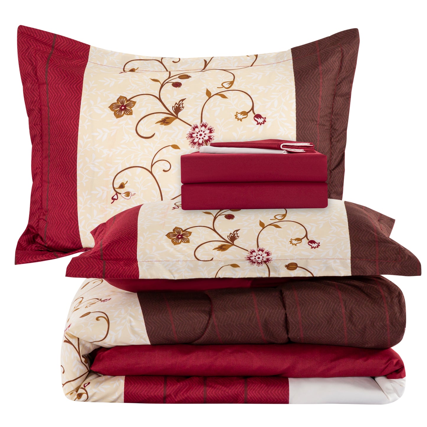 Printed Bed in a Bag Soft Luxury Fluffy Goose Down Alternative Comforter and Sheet Set, Modern Burgundy Cosmos Floral Pattern