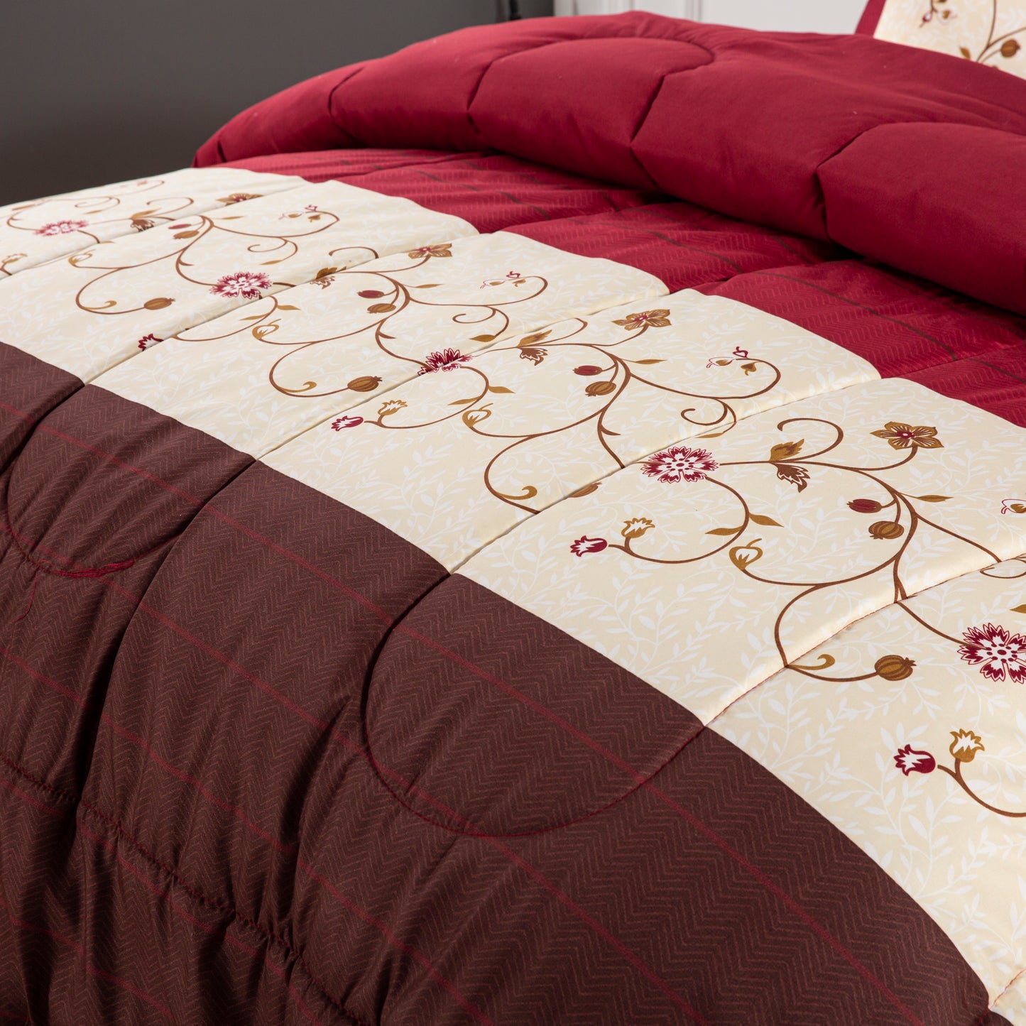 Printed Bed in a Bag Soft Luxury Fluffy Goose Down Alternative Comforter and Sheet Set, Modern Burgundy Cosmos Floral Pattern
