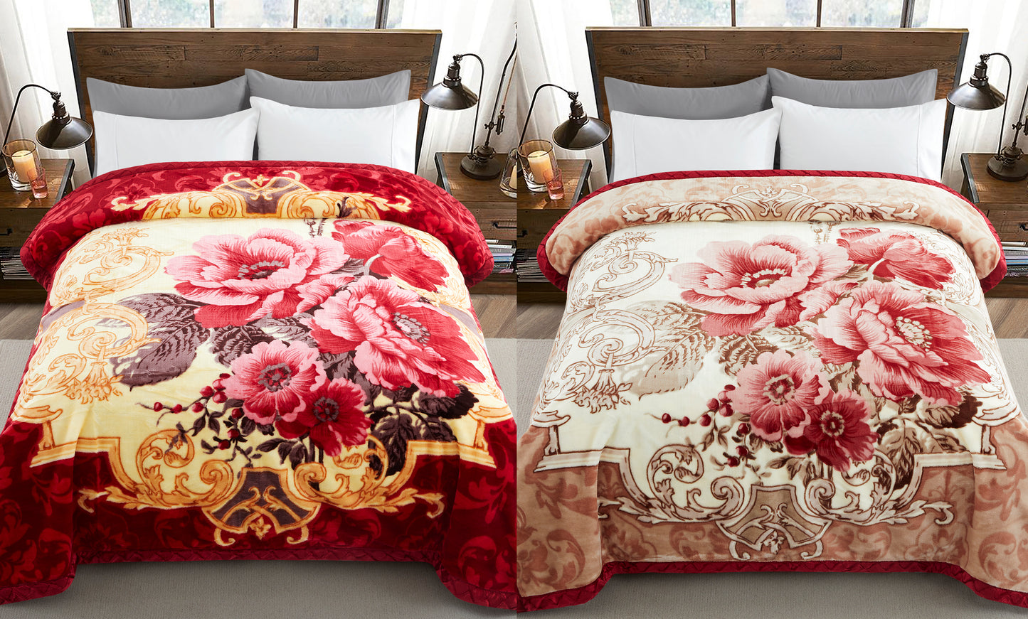 Printed Reversible Woven Fluffy Plush Soft Warm Korean Style 2 Ply Flannel Fleece Throw Mink Blanket, 78" x 86" Red Flower Red