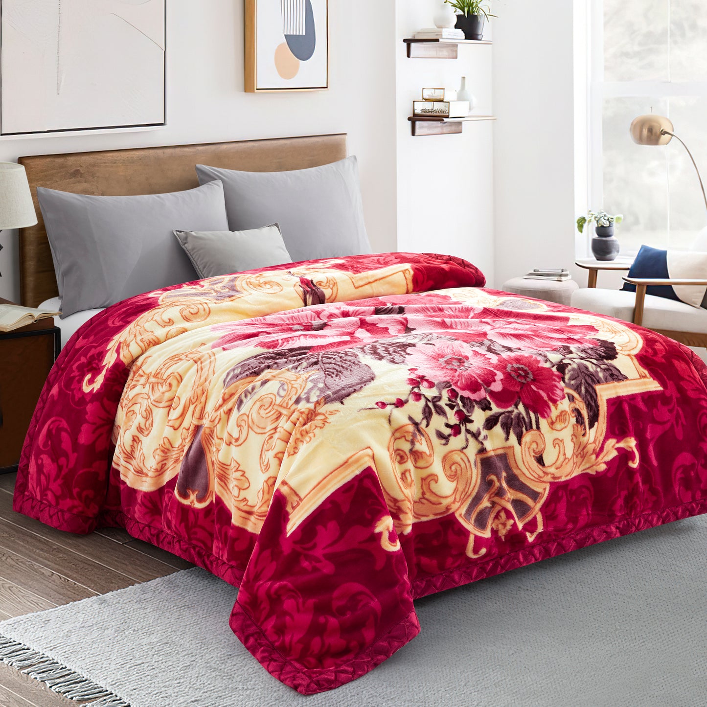 Printed Reversible Woven Fluffy Plush Soft Warm Korean Style 2 Ply Flannel Fleece Throw Mink Blanket, 78" x 86" Red Flower Red