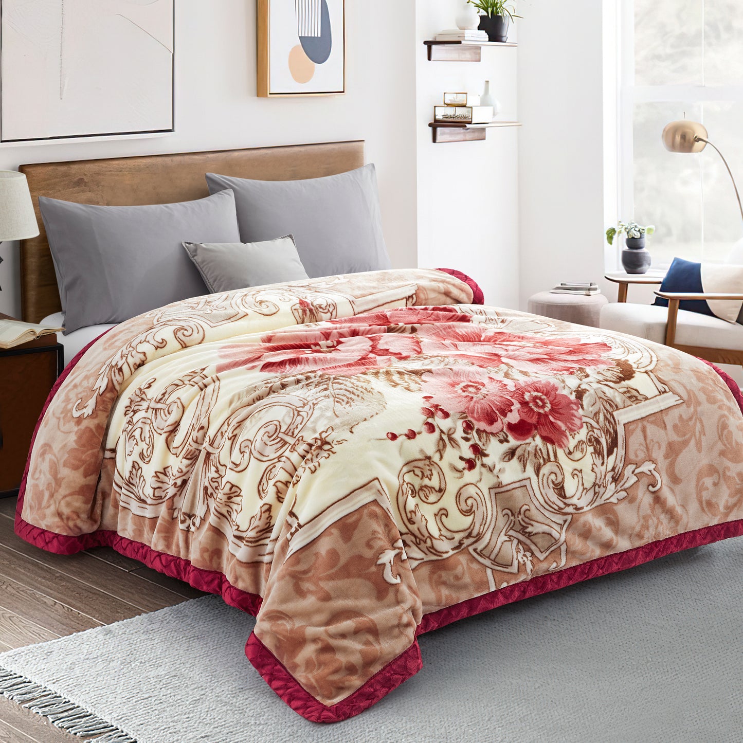 Printed Reversible Woven Fluffy Plush Soft Warm Korean Style 2 Ply Flannel Fleece Throw Mink Blanket, 78" x 86" Red Flower Red