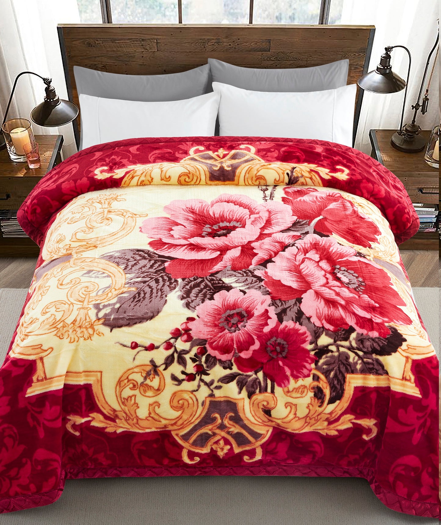 Printed Reversible Woven Fluffy Plush Soft Warm Korean Style 2 Ply Flannel Fleece Throw Mink Blanket, 78" x 86" Red Flower Red