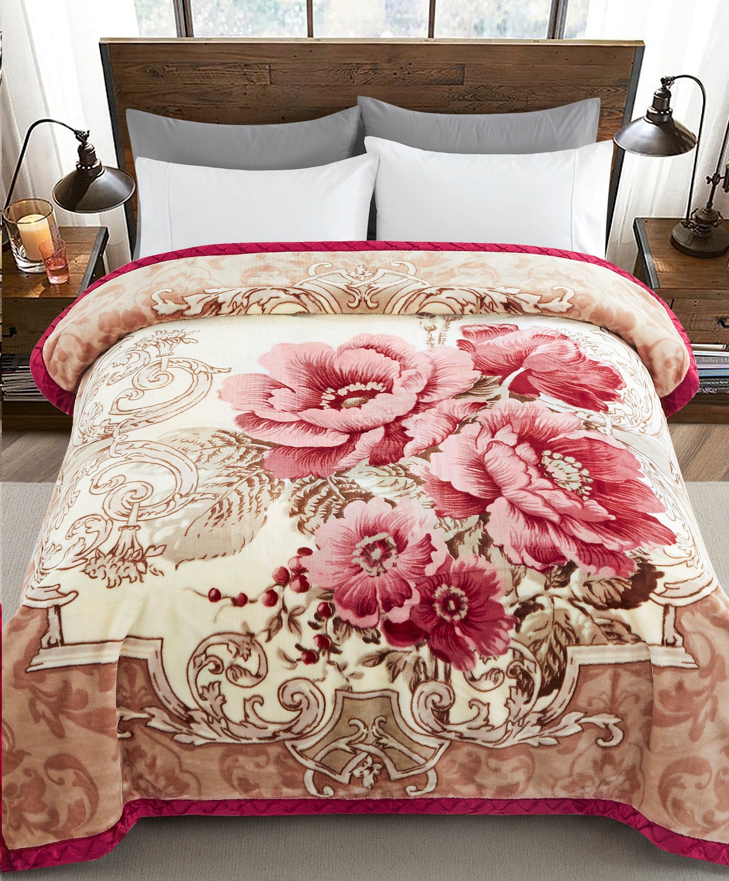 Printed Reversible Woven Fluffy Plush Soft Warm Korean Style 2 Ply Flannel Fleece Throw Mink Blanket, 78" x 86" Red Flower Red