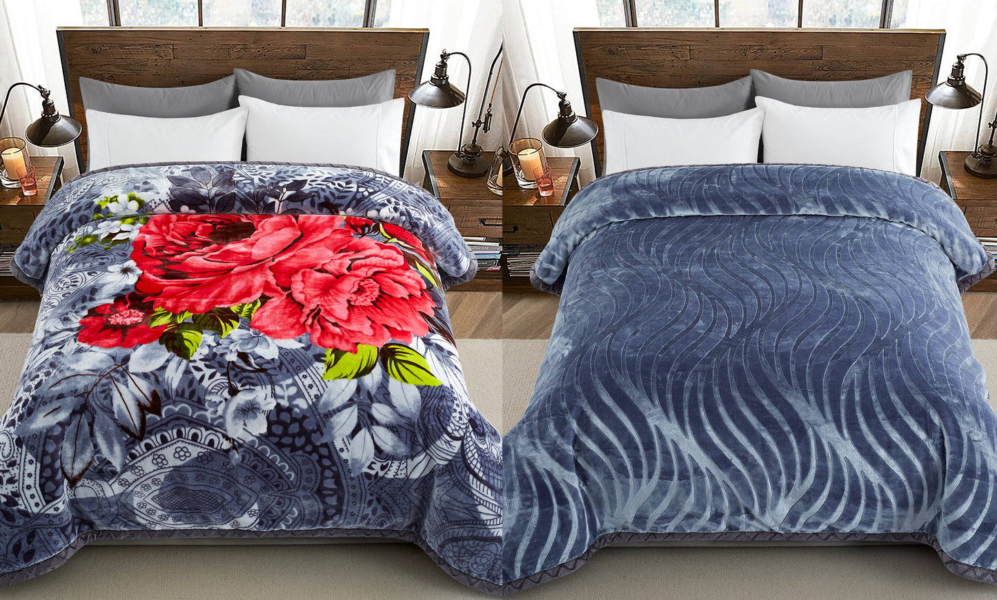 Printed Reversible Woven Fluffy Plush Soft Warm Korean Style 2 Ply Flannel Fleece Throw Animal Mink Blanket, 86" x 94" Red Peony