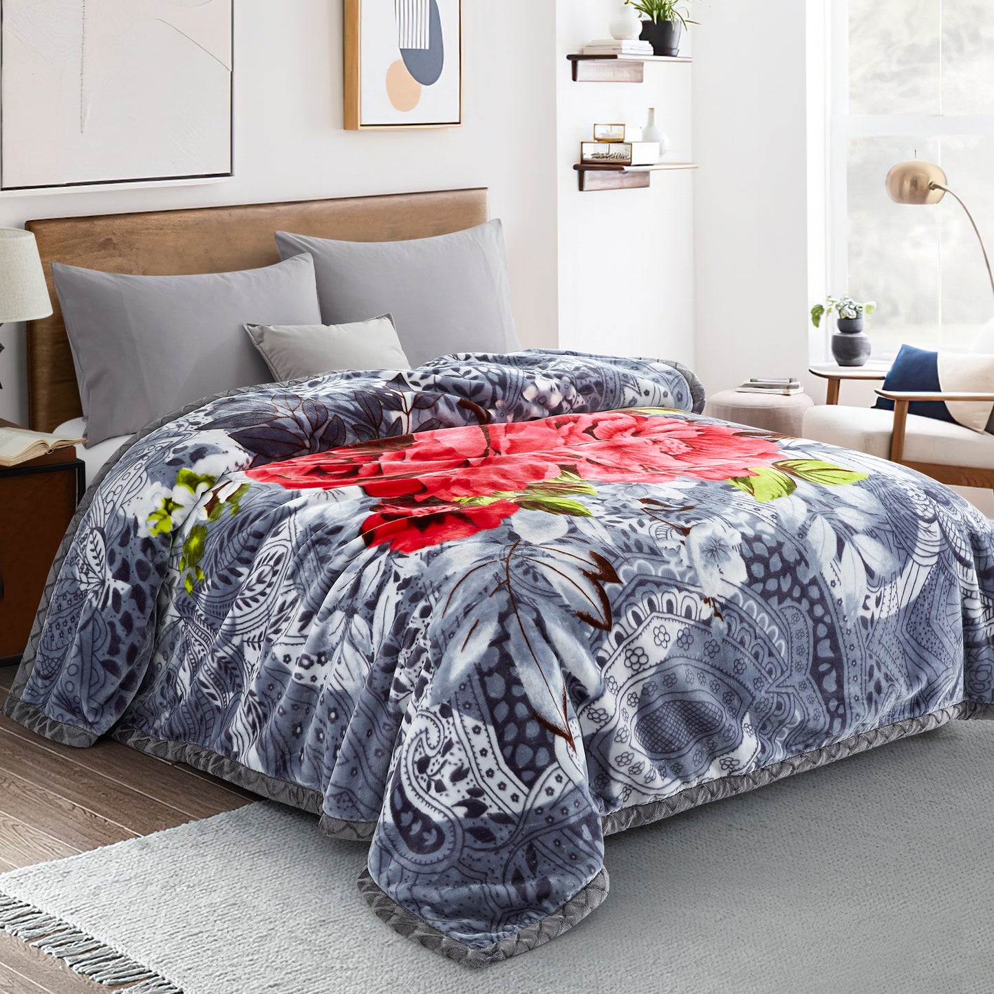 Printed Reversible Woven Fluffy Plush Soft Warm Korean Style 2 Ply Flannel Fleece Throw Animal Mink Blanket, 86" x 94" Red Peony