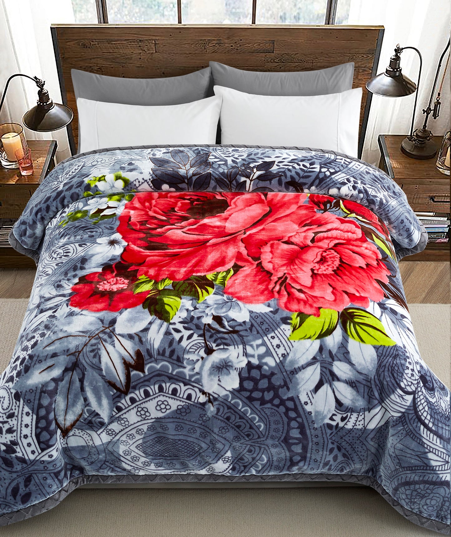Printed Reversible Woven Fluffy Plush Soft Warm Korean Style 2 Ply Flannel Fleece Throw Animal Mink Blanket, 86" x 94" Red Peony