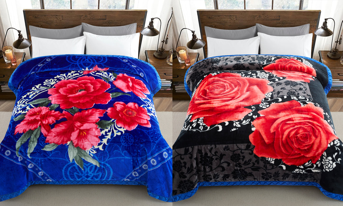Printed Reversible Woven Fluffy Plush Soft Warm Korean Style 2 Ply Flannel Fleece Throw Mink Blanket, 78" x 86" Red Peony Blue Black