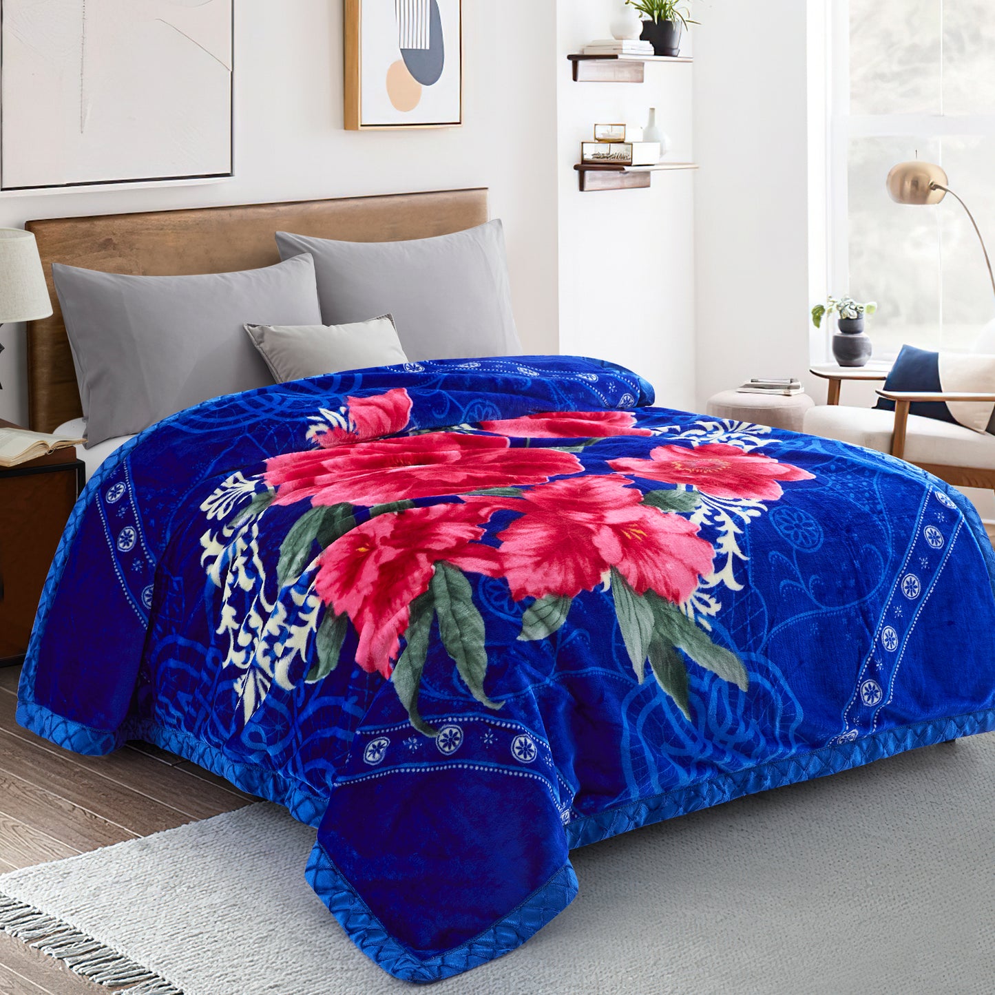Printed Reversible Woven Fluffy Plush Soft Warm Korean Style 2 Ply Flannel Fleece Throw Mink Blanket, 78" x 86" Red Peony Blue Black