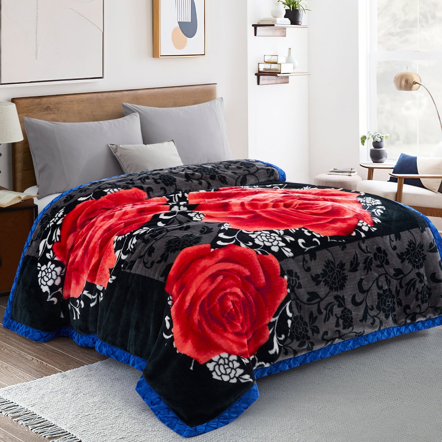 Printed Reversible Woven Fluffy Plush Soft Warm Korean Style 2 Ply Flannel Fleece Throw Mink Blanket, 78" x 86" Red Peony Blue Black