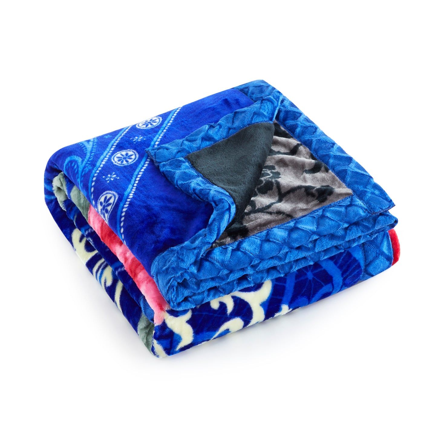 Printed Reversible Woven Fluffy Plush Soft Warm Korean Style 2 Ply Flannel Fleece Throw Mink Blanket, 78" x 86" Red Peony Blue Black