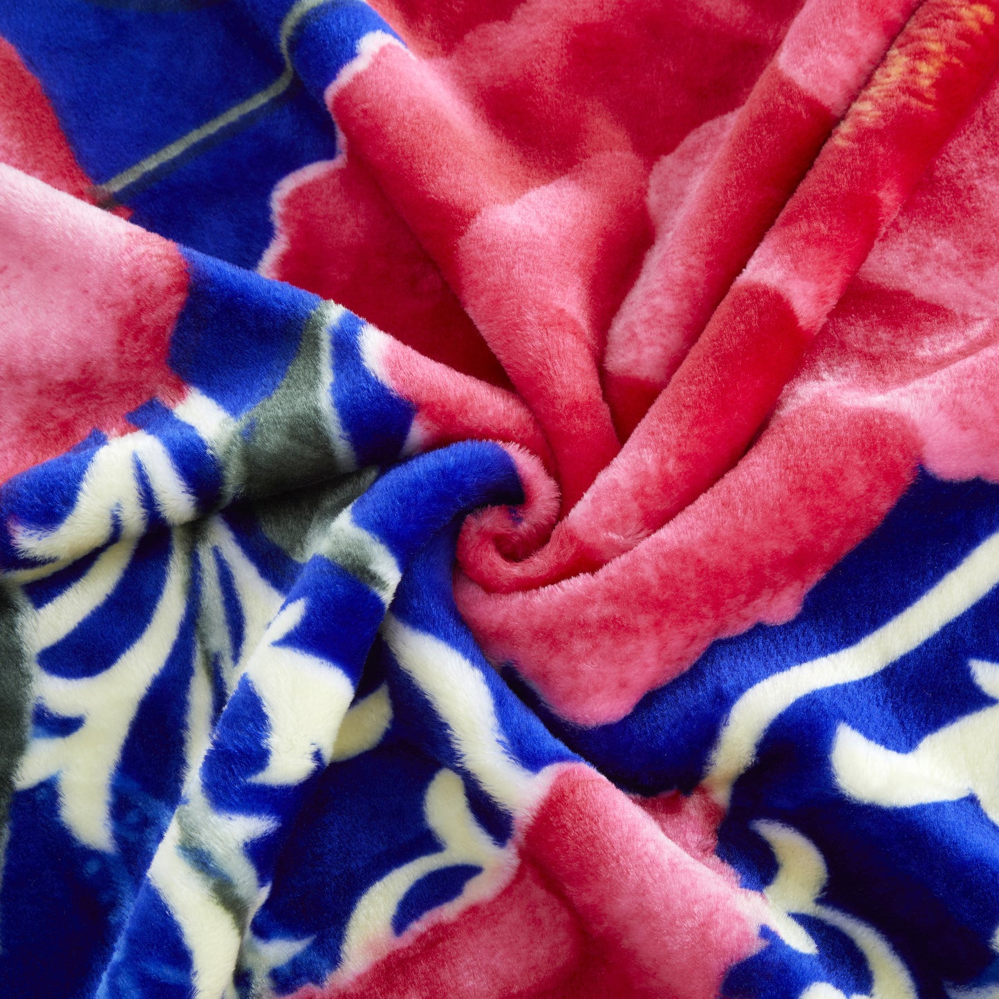 Printed Reversible Woven Fluffy Plush Soft Warm Korean Style 2 Ply Flannel Fleece Throw Mink Blanket, 78" x 86" Red Peony Blue Black