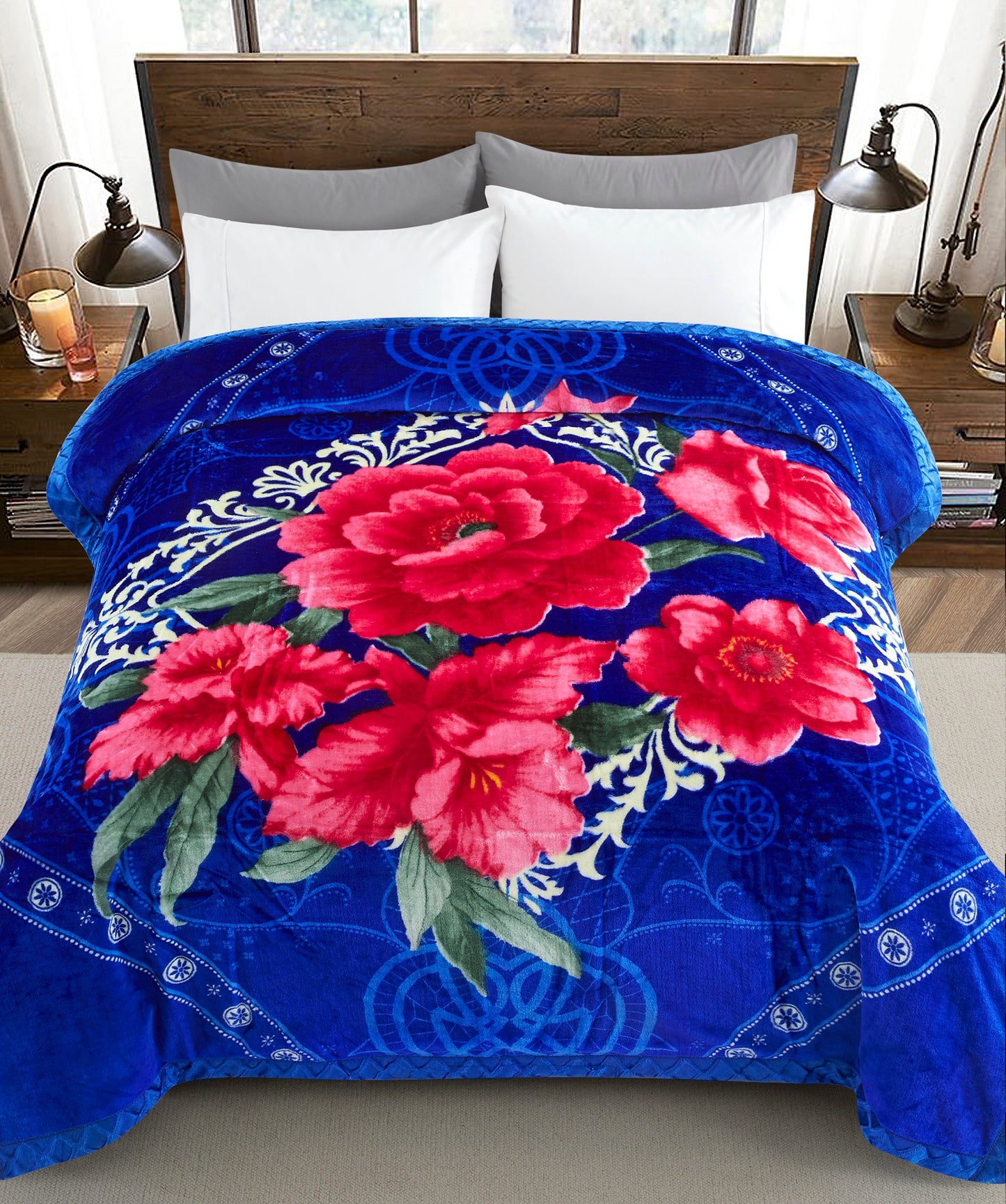 Printed Reversible Woven Fluffy Plush Soft Warm Korean Style 2 Ply Flannel Fleece Throw Mink Blanket, 78" x 86" Red Peony Blue Black