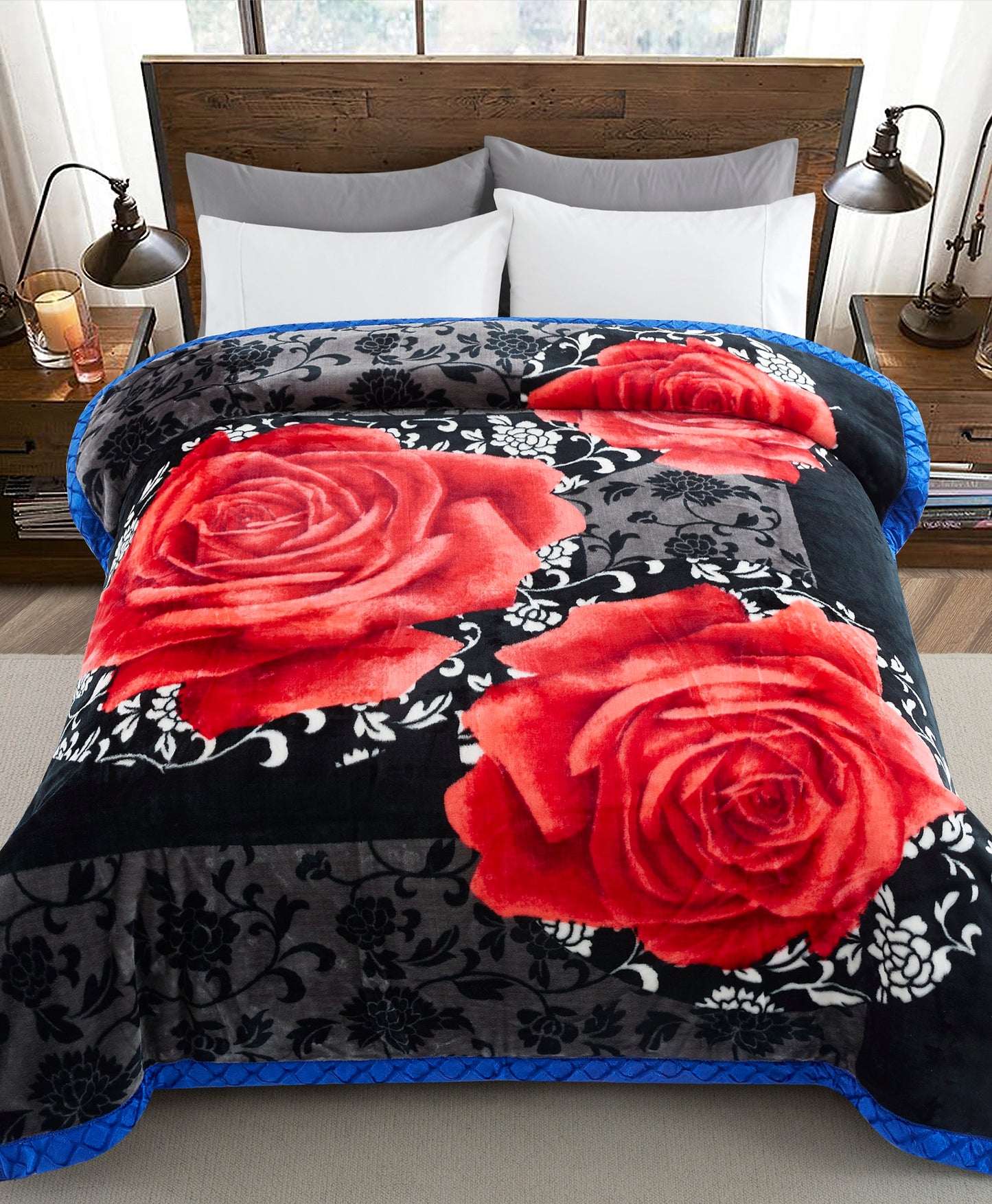 Printed Reversible Woven Fluffy Plush Soft Warm Korean Style 2 Ply Flannel Fleece Throw Mink Blanket, 78" x 86" Red Peony Blue Black