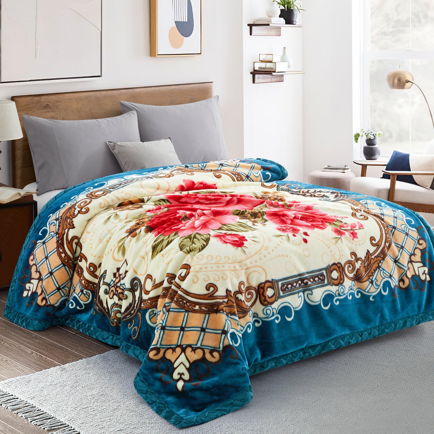 Printed Reversible Woven Fluffy Plush Soft Warm Korean Style 2 Ply Flannel Fleece Throw Mink Blanket, 78" x 86" Red Peony Turquoise Rose Floral