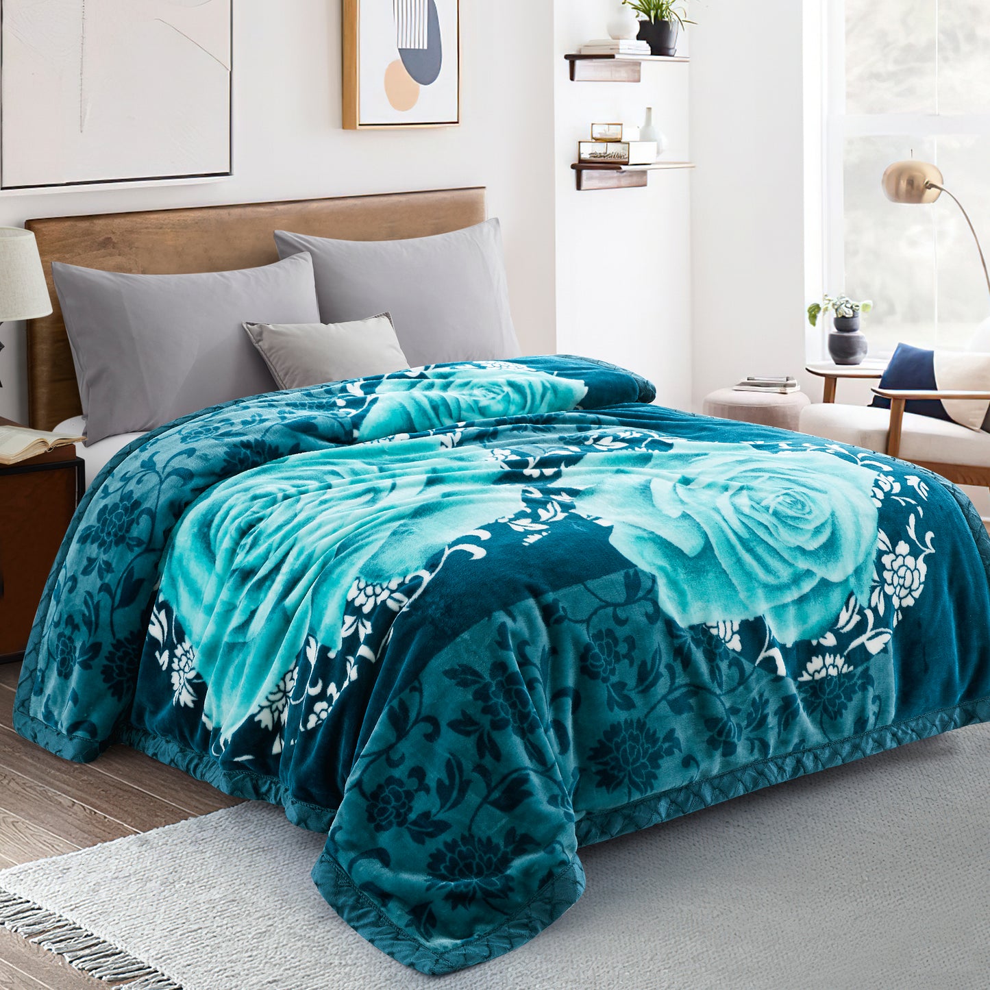 Printed Reversible Woven Fluffy Plush Soft Warm Korean Style 2 Ply Flannel Fleece Throw Mink Blanket, 78" x 86" Red Peony Turquoise Rose Floral
