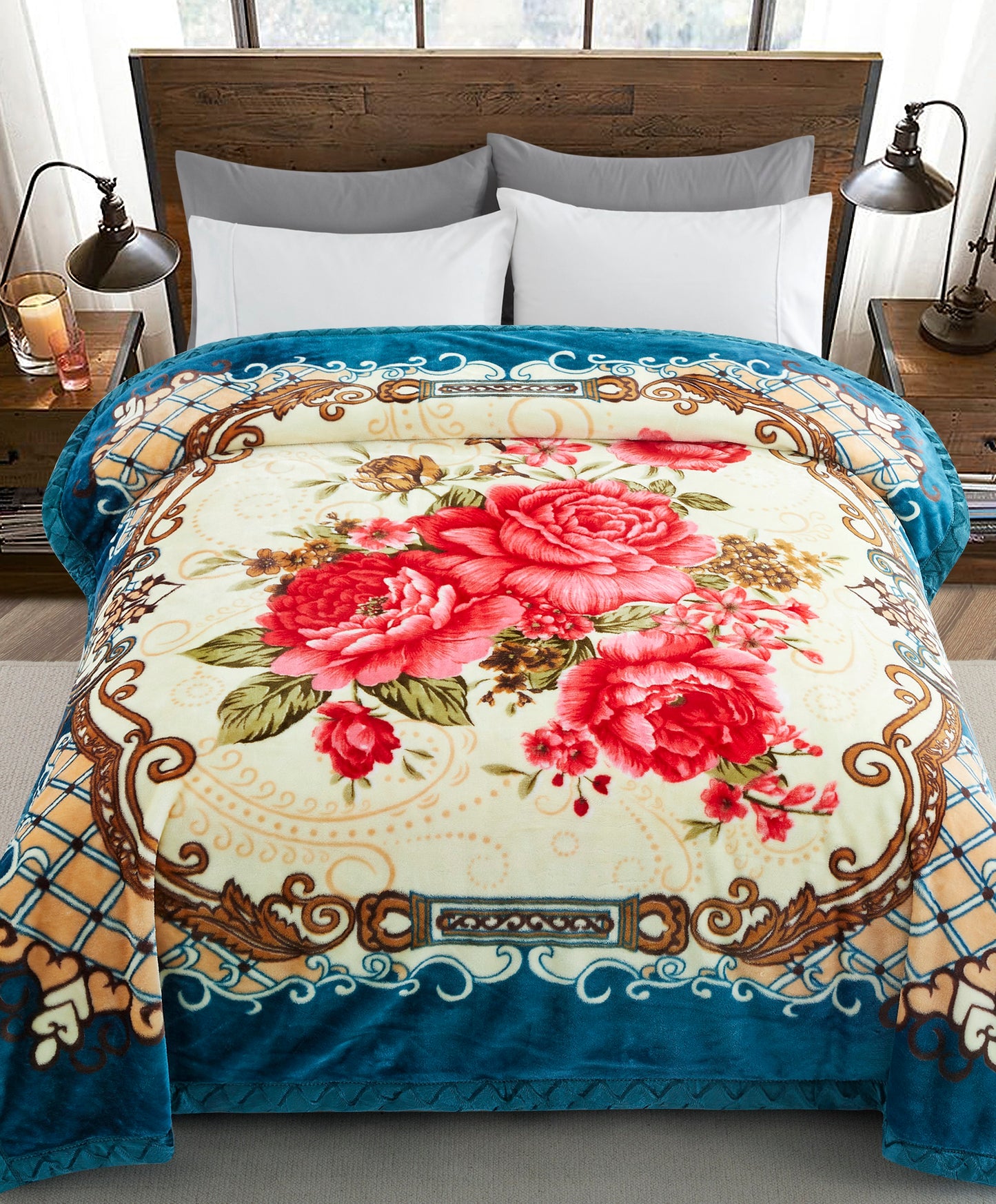 Printed Reversible Woven Fluffy Plush Soft Warm Korean Style 2 Ply Flannel Fleece Throw Mink Blanket, 78" x 86" Red Peony Turquoise Rose Floral