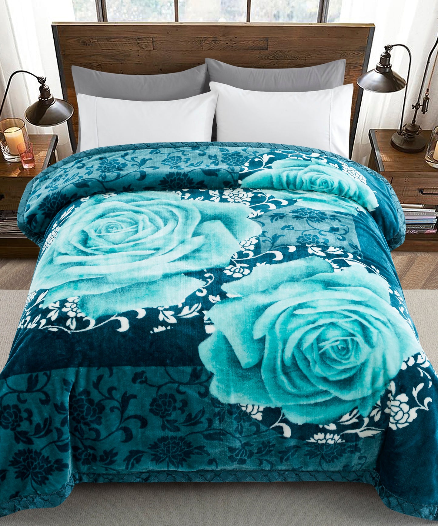 Printed Reversible Woven Fluffy Plush Soft Warm Korean Style 2 Ply Flannel Fleece Throw Mink Blanket, 78" x 86" Red Peony Turquoise Rose Floral