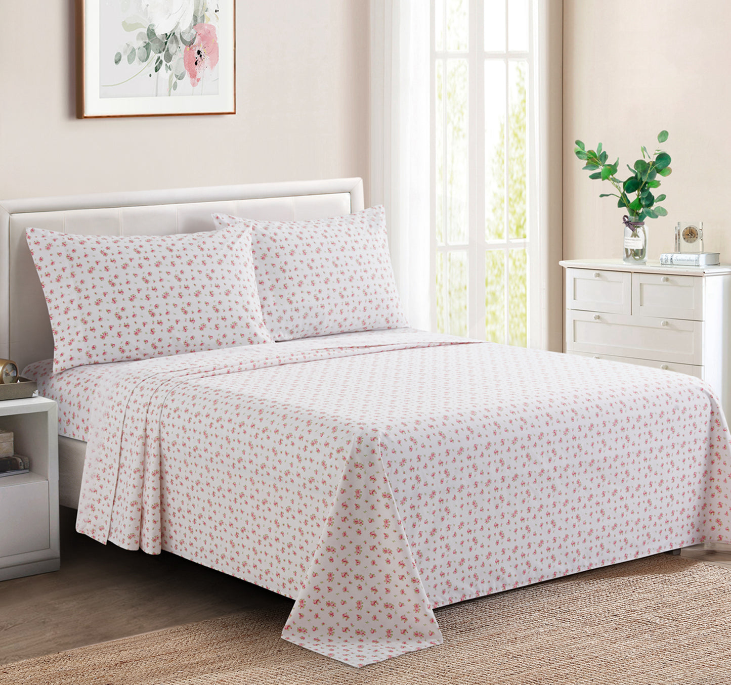 Printed Cotton Blend Percale 600 Thread Count Soft Deep Pocket All Season Bedding Sheet Set, Pink Rose Floral Pattern