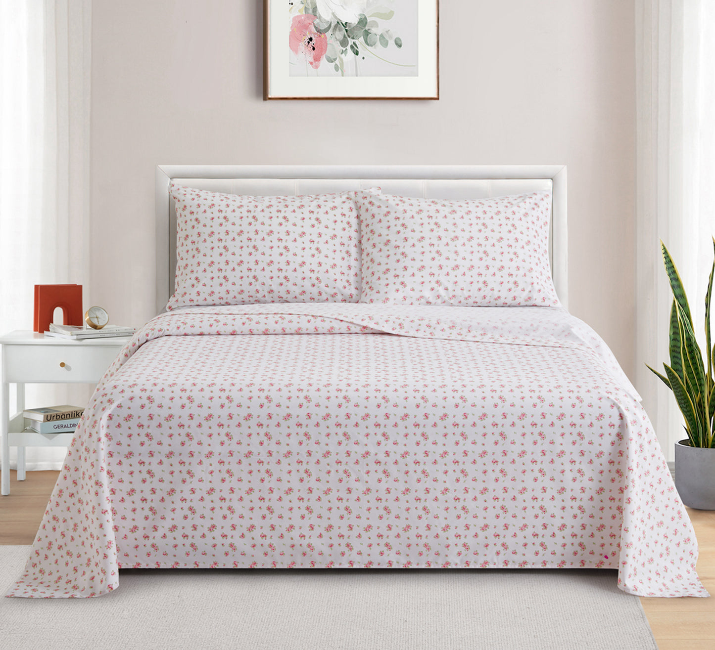 Printed Cotton Blend Percale 600 Thread Count Soft Deep Pocket All Season Bedding Sheet Set, Pink Rose Floral Pattern
