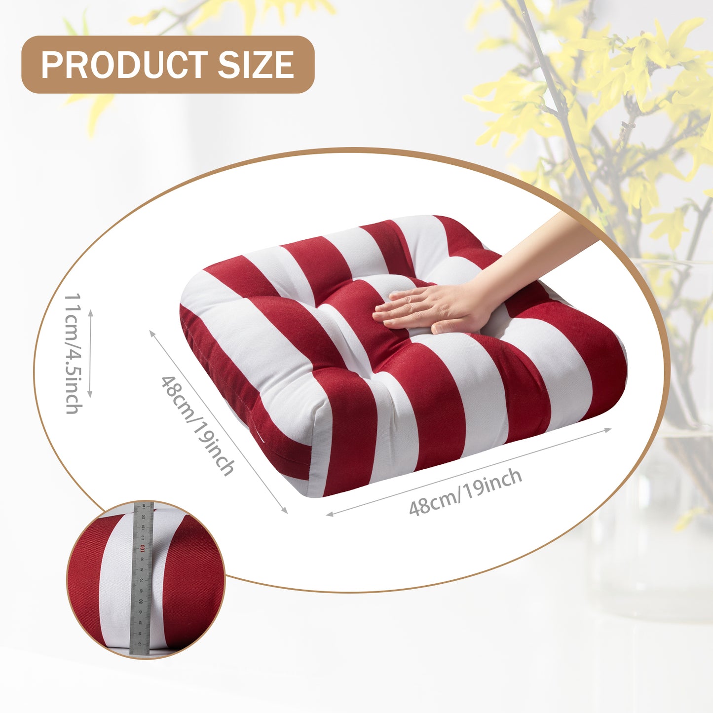 Premium Thick Comfy Seat Patio Pad Tufted Textured Printed Outdoor Chair Cushion 19 x 19 x 4 Inch, Red White Stripes
