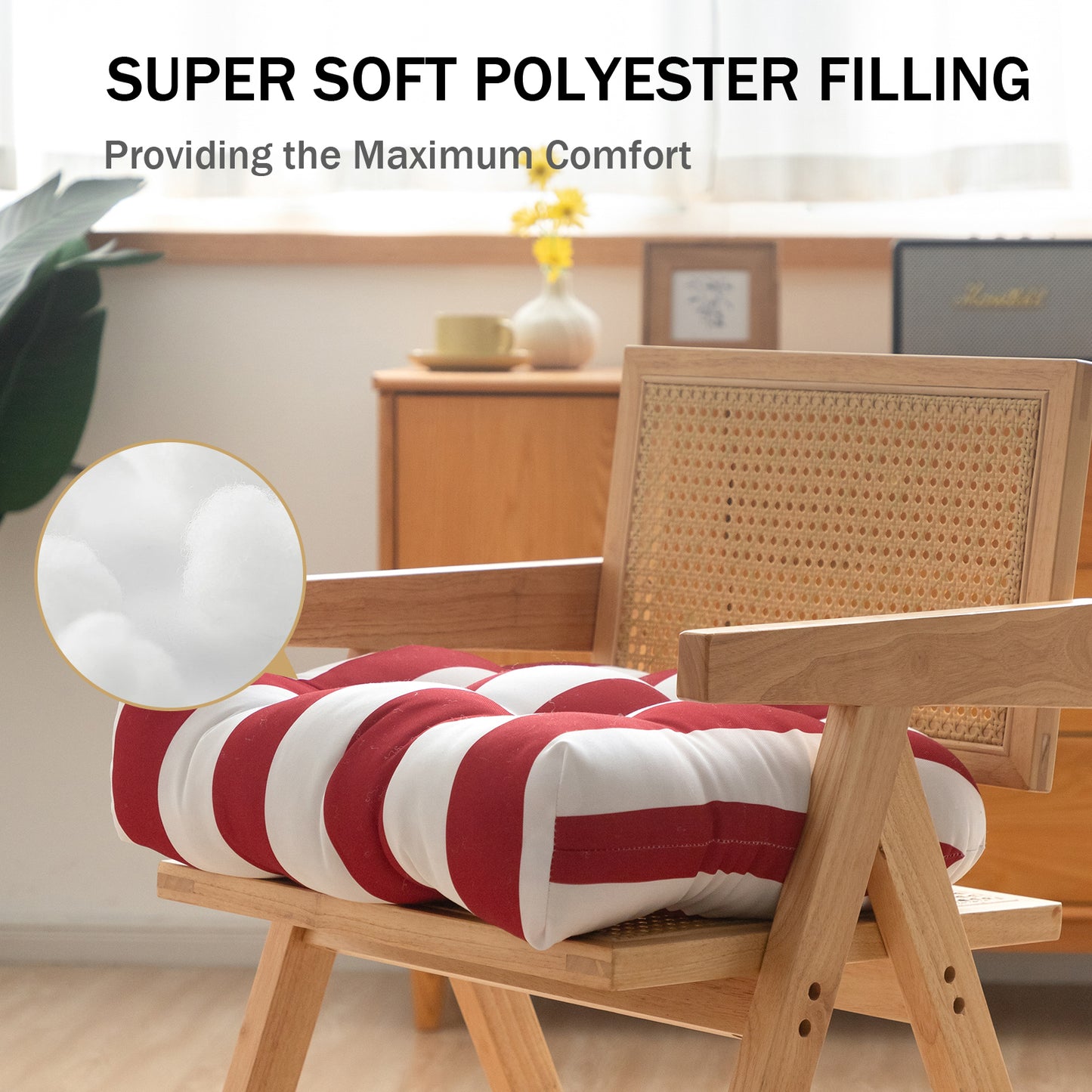 Premium Thick Comfy Seat Patio Pad Tufted Textured Printed Outdoor Chair Cushion 19 x 19 x 4 Inch, Red White Stripes
