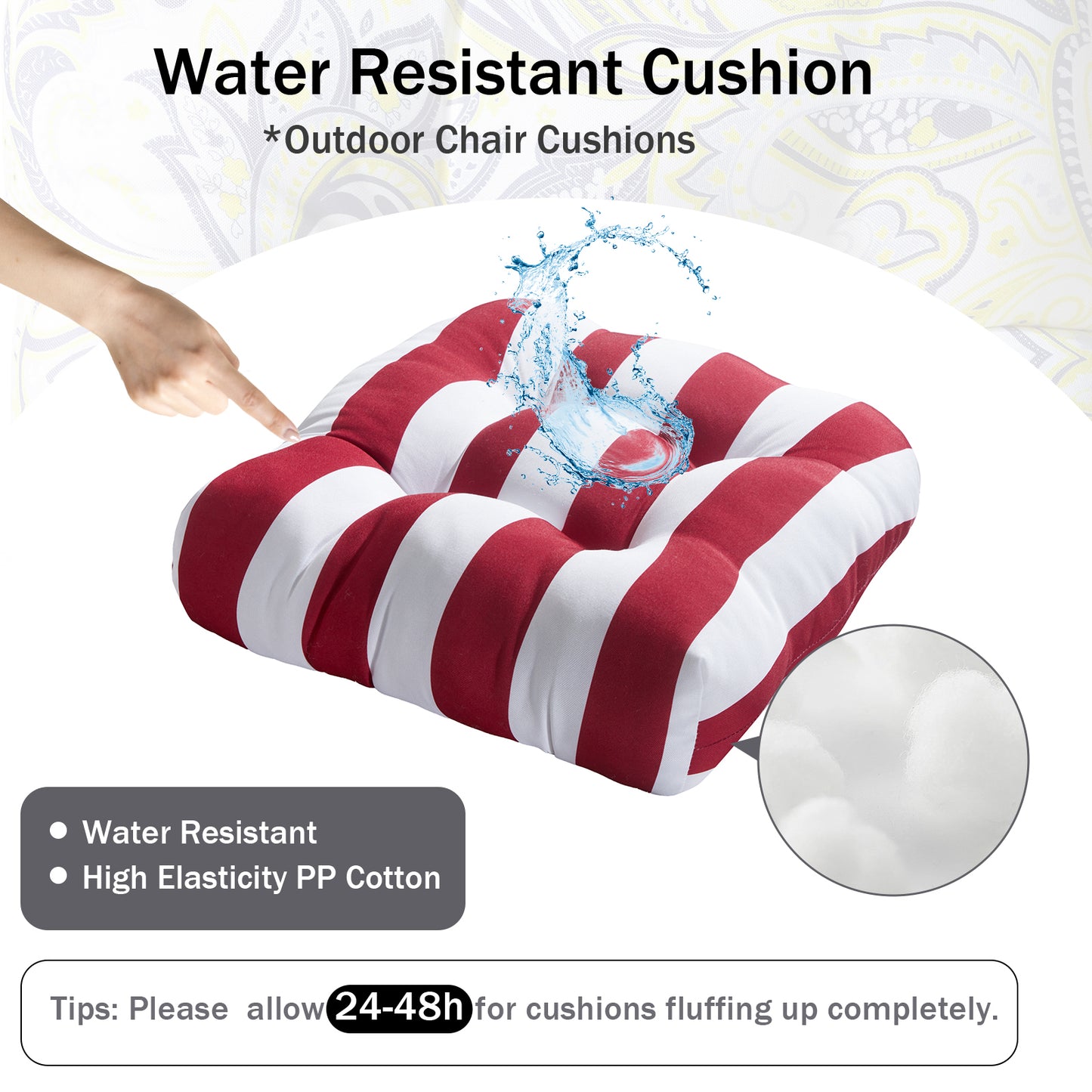 Premium Thick Comfy Seat Patio Pad Tufted Textured Printed Outdoor Chair Cushion 19 x 19 x 4 Inch, Red White Stripes