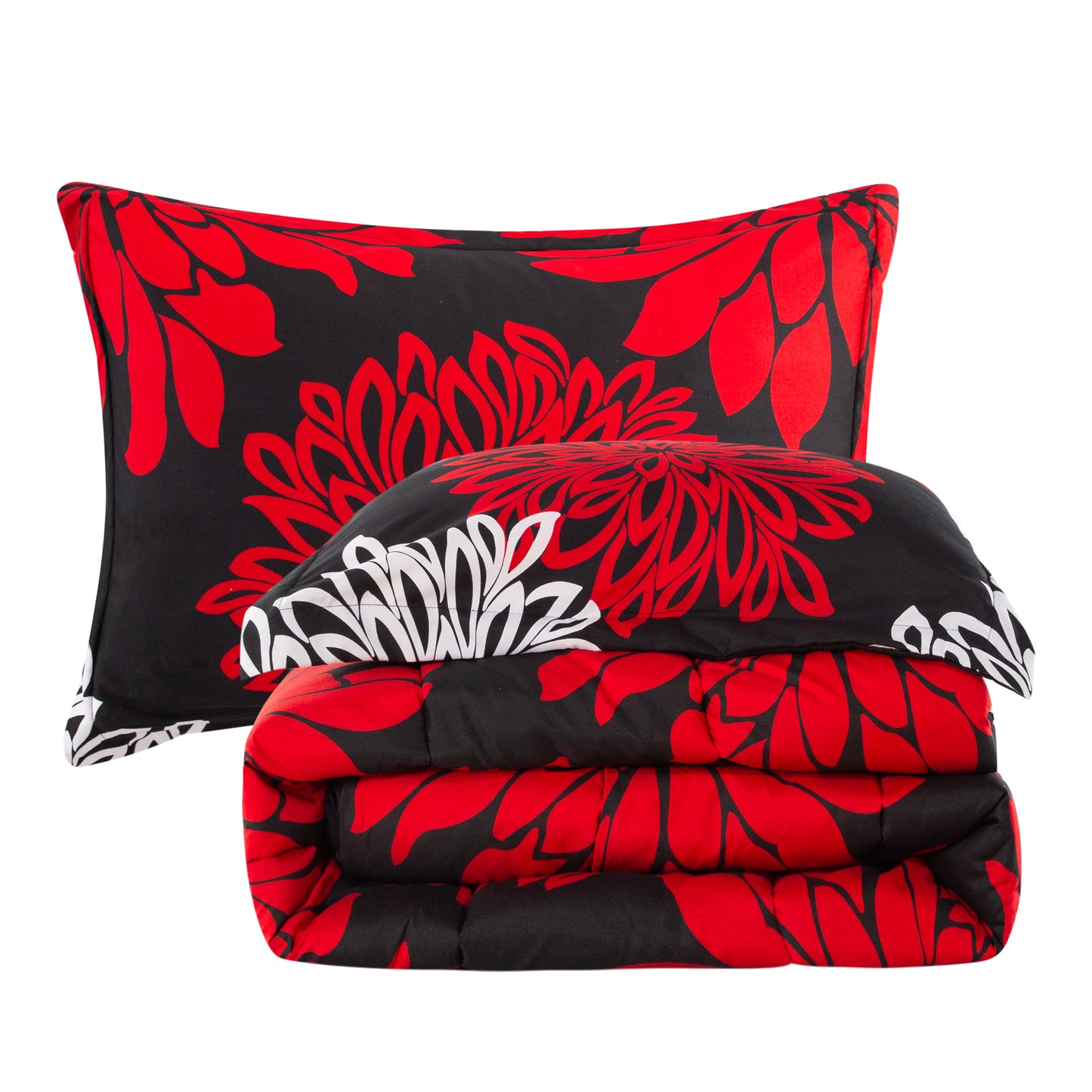Home Decor Soft Luxury Fluffy Goose Down Alternative Bedding Printed Comforter Set, Modern Red White Floral Black