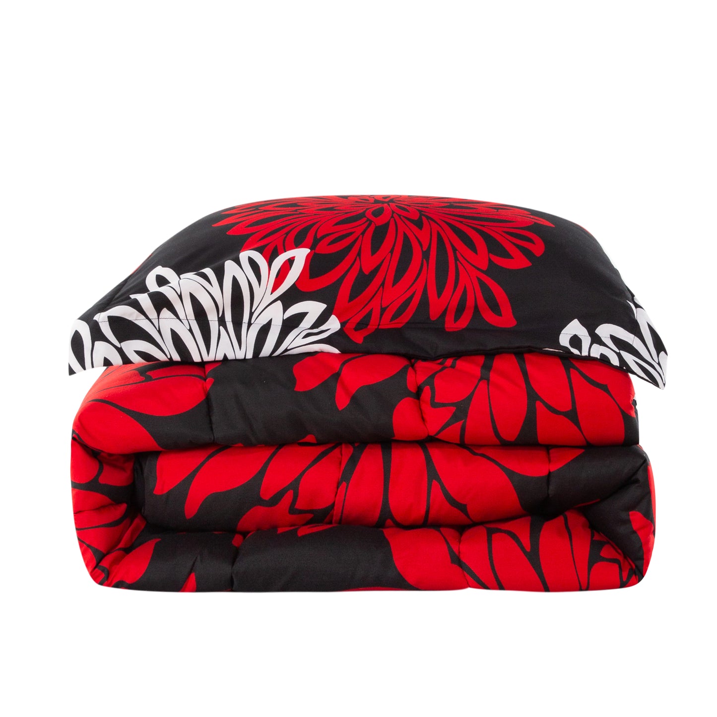 Home Decor Soft Luxury Fluffy Goose Down Alternative Bedding Printed Comforter Set, Modern Red White Floral Black