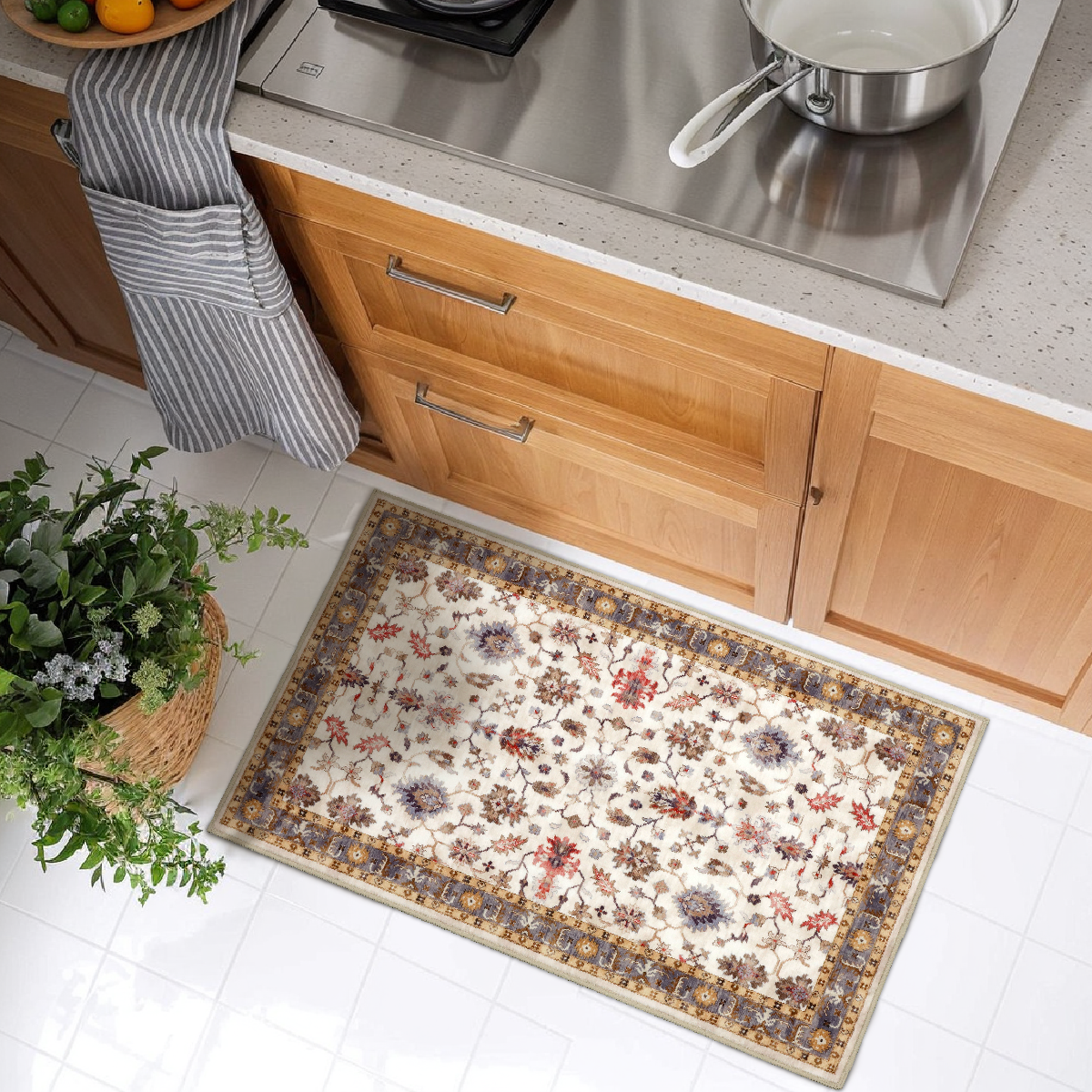Decor Non-Slip Back Soft Runner Area Carpet Floor Area Rug Indoor Accent Decorative Mat, Elegant Ivory Floral and Leaves
