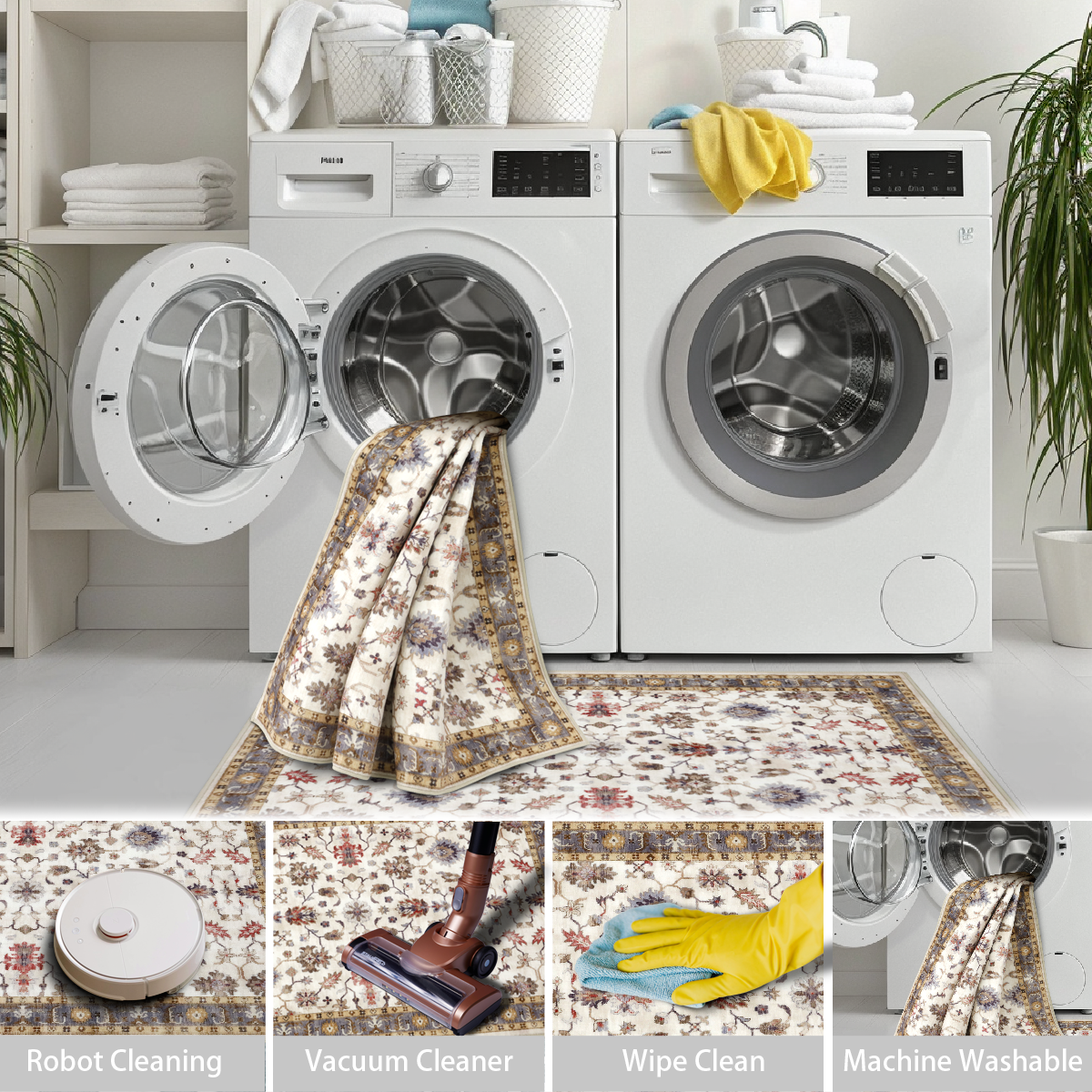 Decor Non-Slip Back Soft Runner Area Carpet Floor Area Rug Indoor Accent Decorative Mat, Elegant Ivory Floral and Leaves