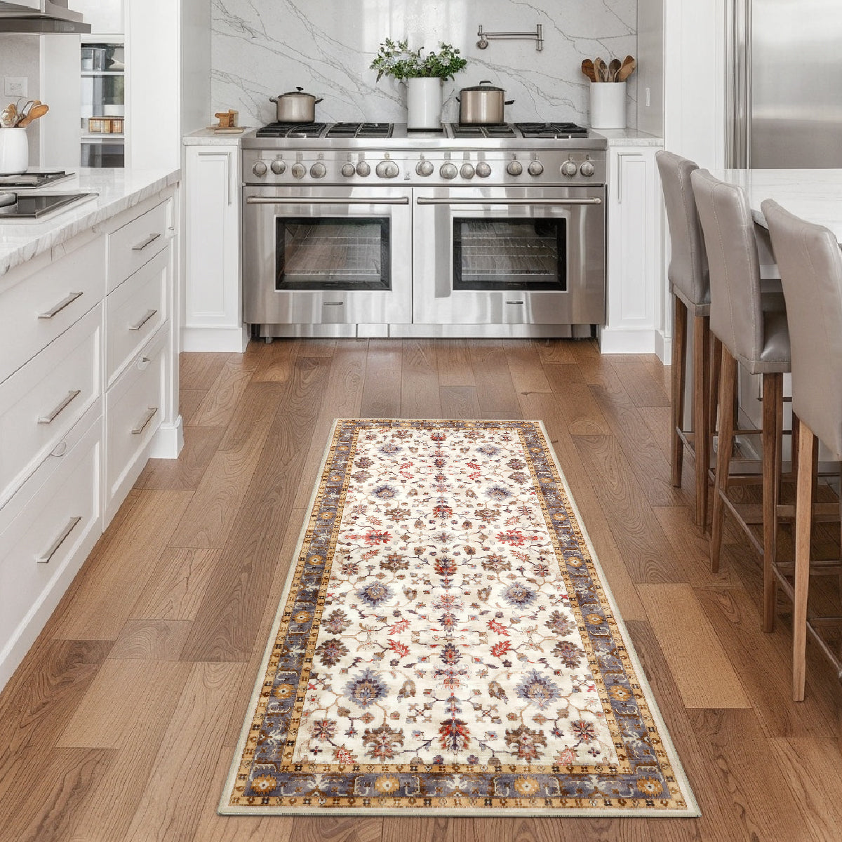 Decor Non-Slip Back Soft Runner Area Carpet Floor Area Rug Indoor Accent Decorative Mat, Elegant Ivory Floral and Leaves