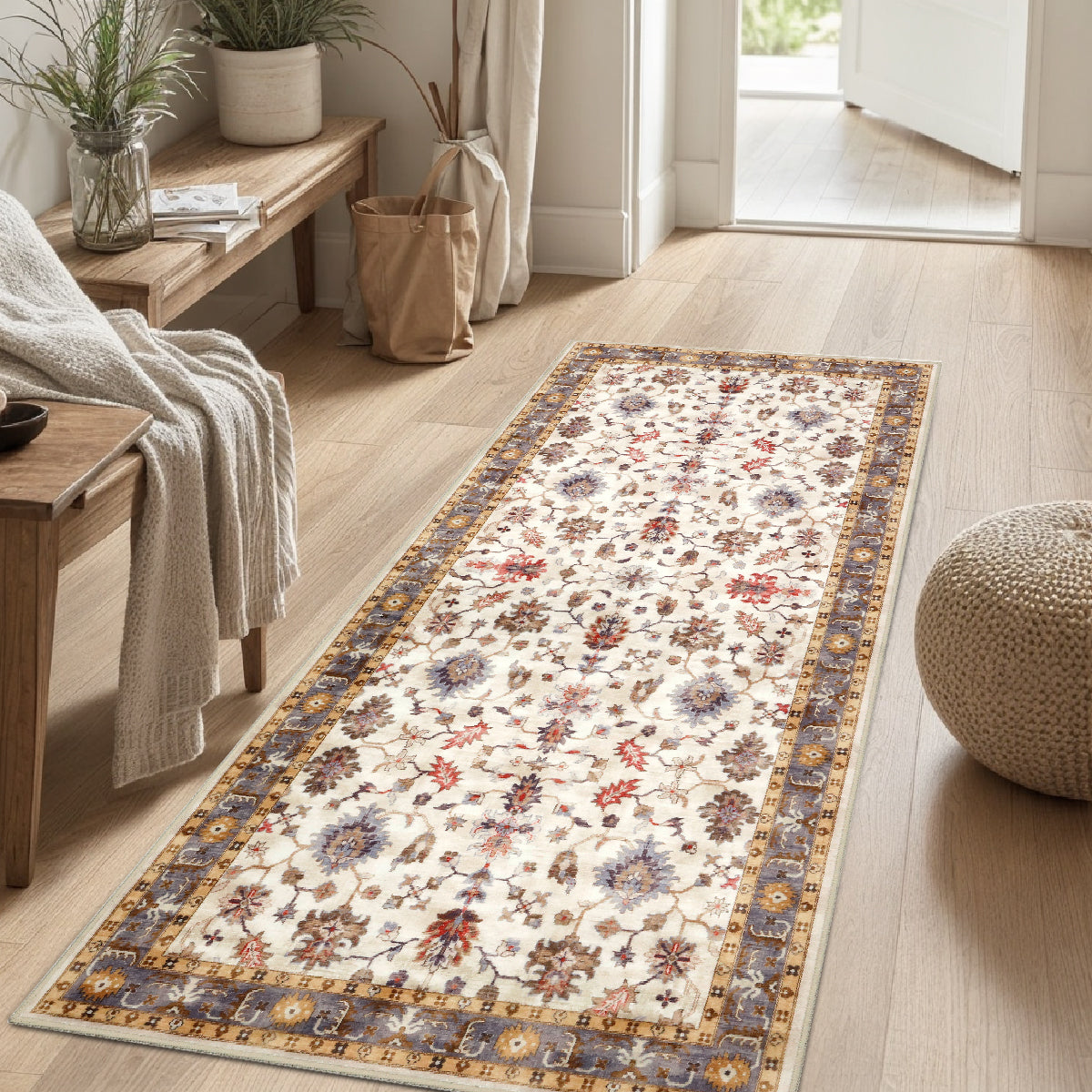 Decor Non-Slip Back Soft Runner Area Carpet Floor Area Rug Indoor Accent Decorative Mat, Elegant Ivory Floral and Leaves