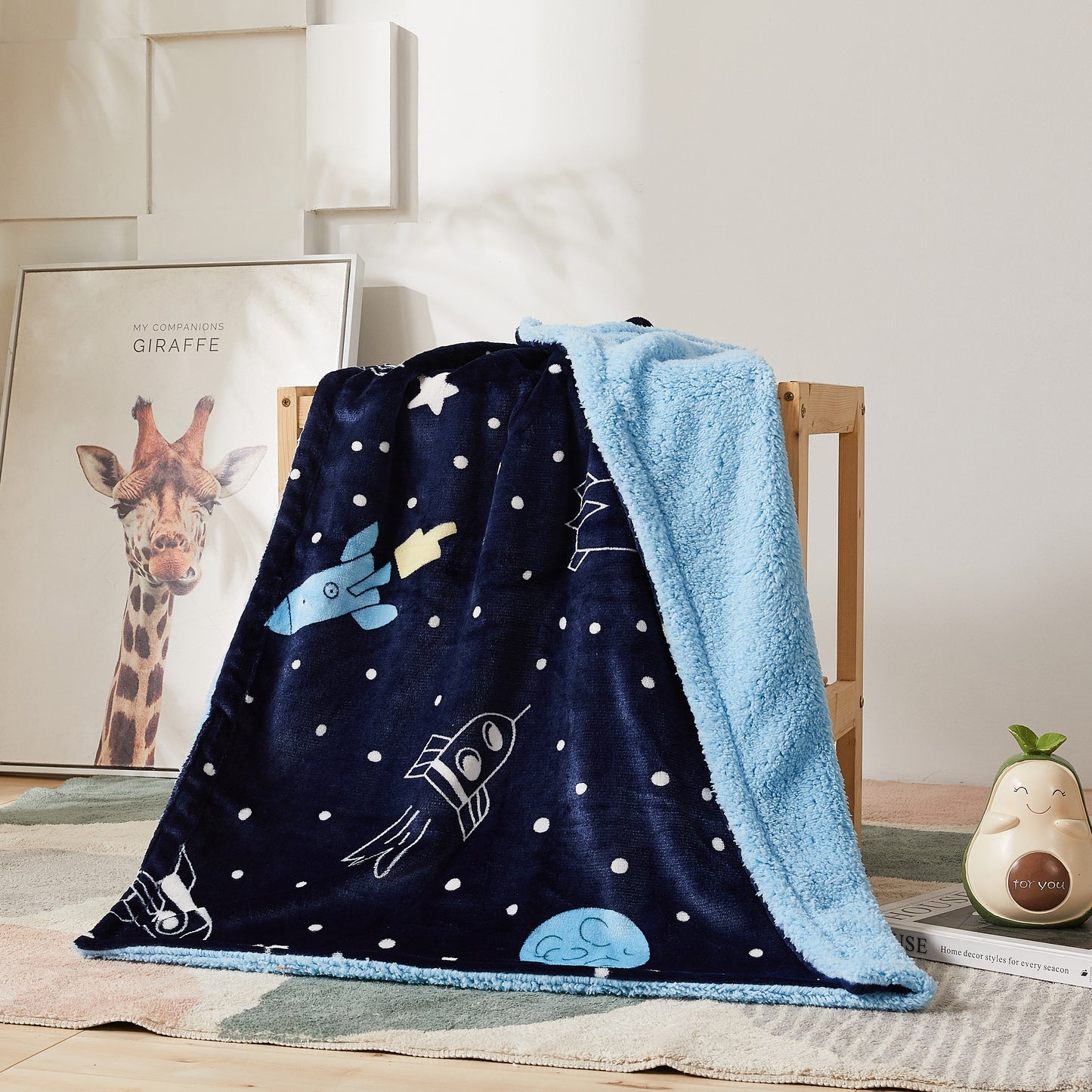 Kid Printed Fluffy Plush Soft Warm Flannel Fleece Children Throw Sherpa Kids Blanket, 30" x 40" Rockets and Stars with Navy Blue