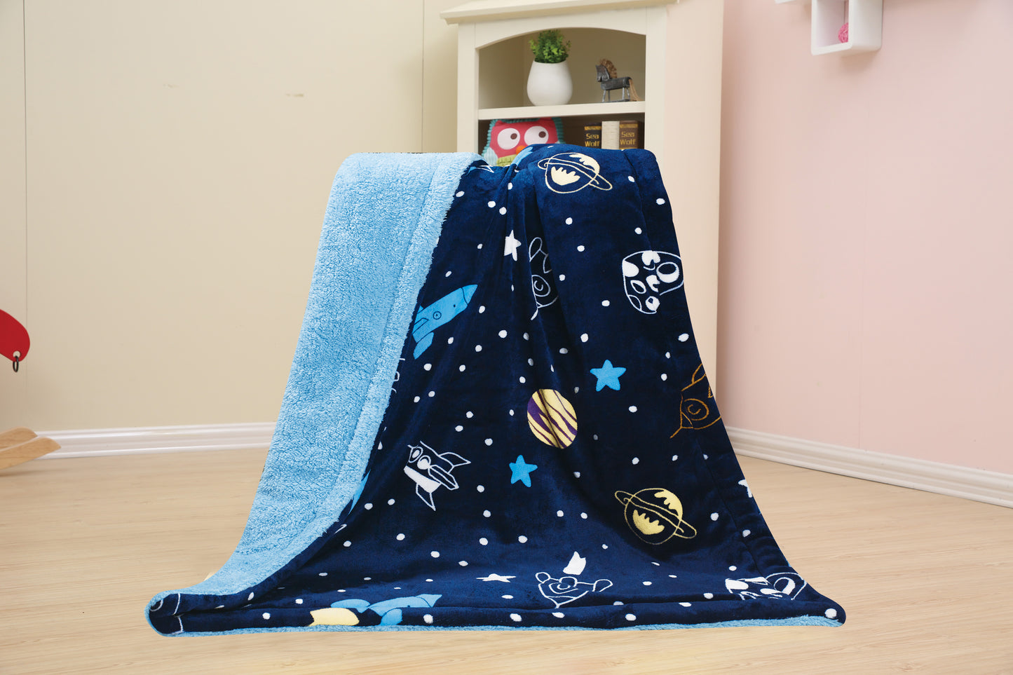 Kid Printed Fluffy Plush Soft Warm Flannel Fleece Children Throw Sherpa Kids Blanket, 30" x 40" Rockets and Stars with Navy Blue