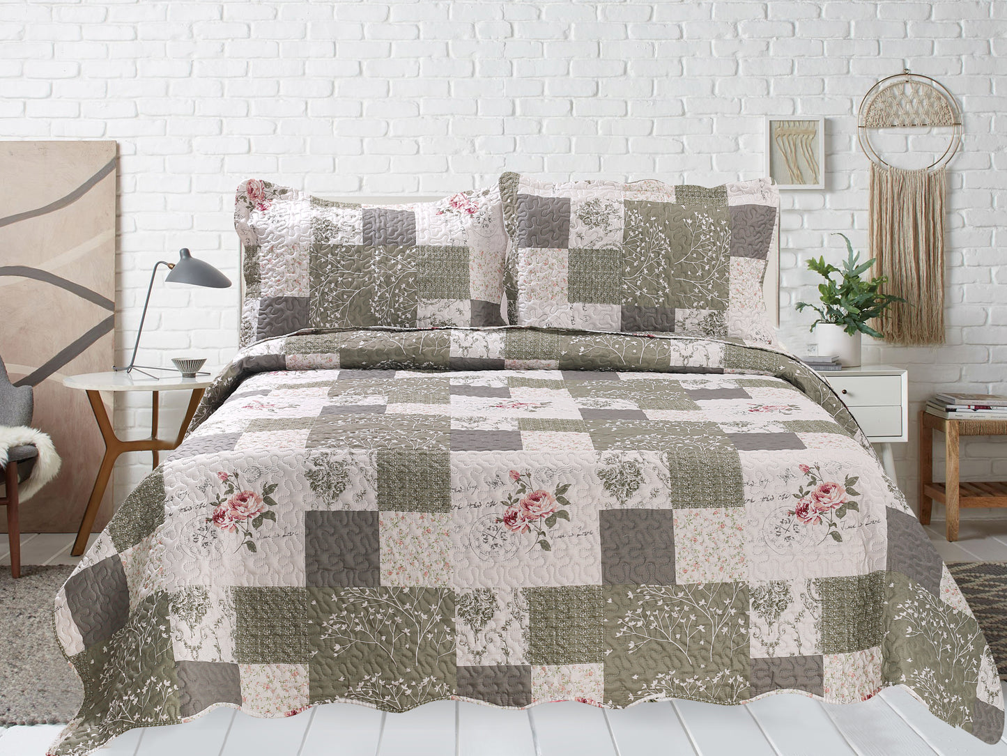Printed Embossed Pinsonic Soft Bedding Summer Quilt Set, Rose Floral Plaid