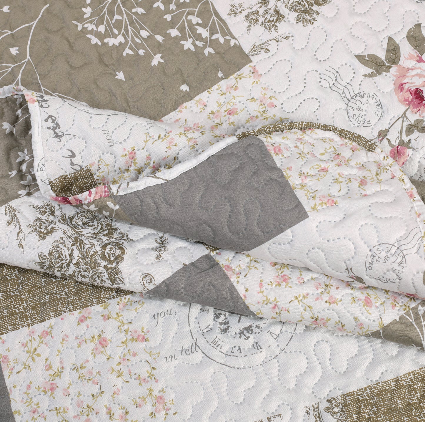 Printed Embossed Pinsonic Soft Bedding Summer Quilt Set, Rose Floral Plaid