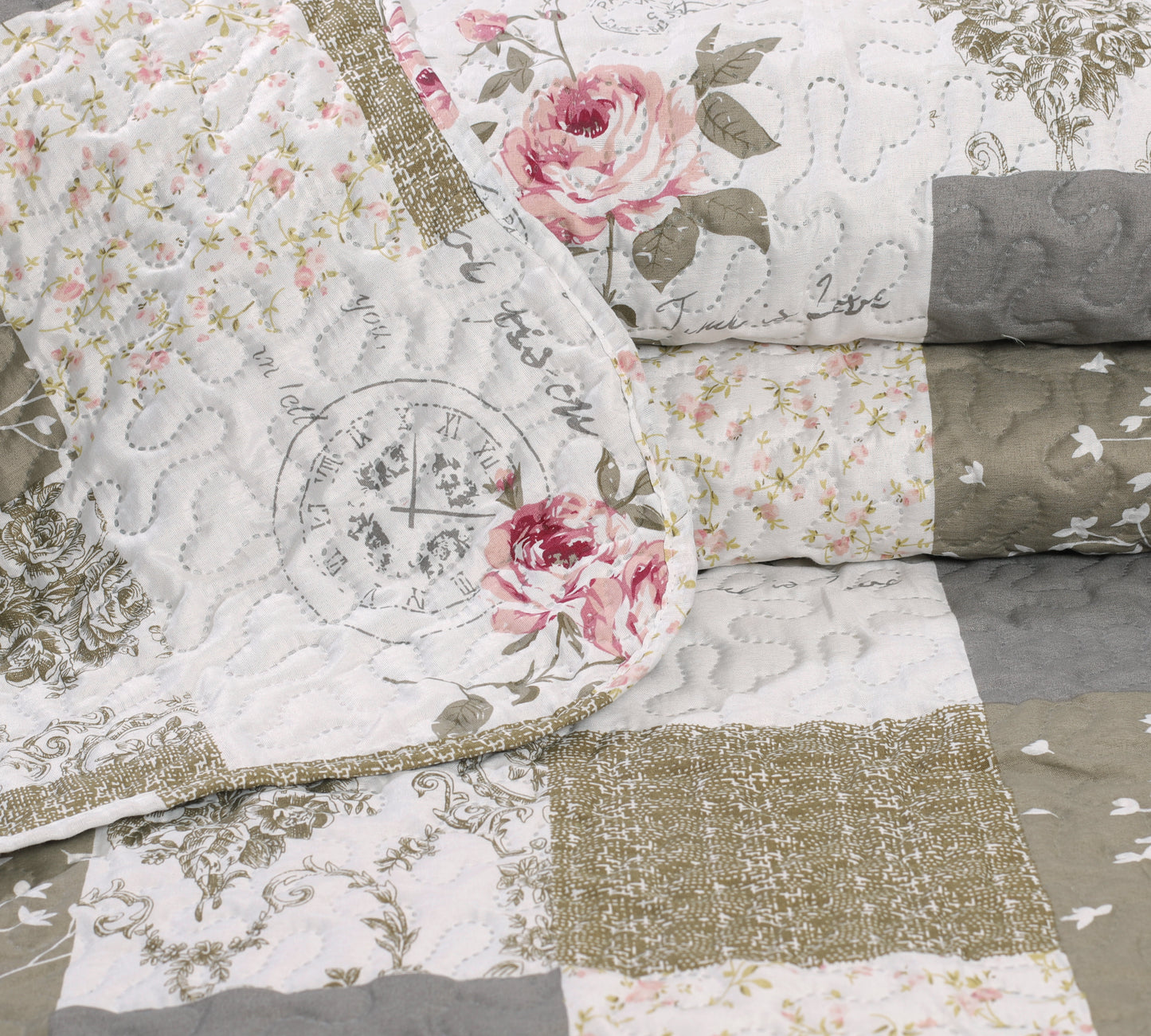 Printed Embossed Pinsonic Soft Bedding Summer Quilt Set, Rose Floral Plaid
