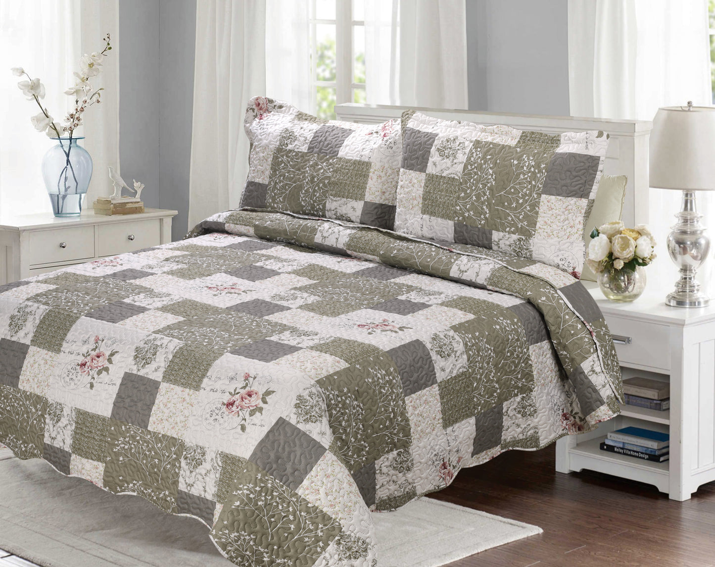 Printed Embossed Pinsonic Soft Bedding Summer Quilt Set, Rose Floral Plaid