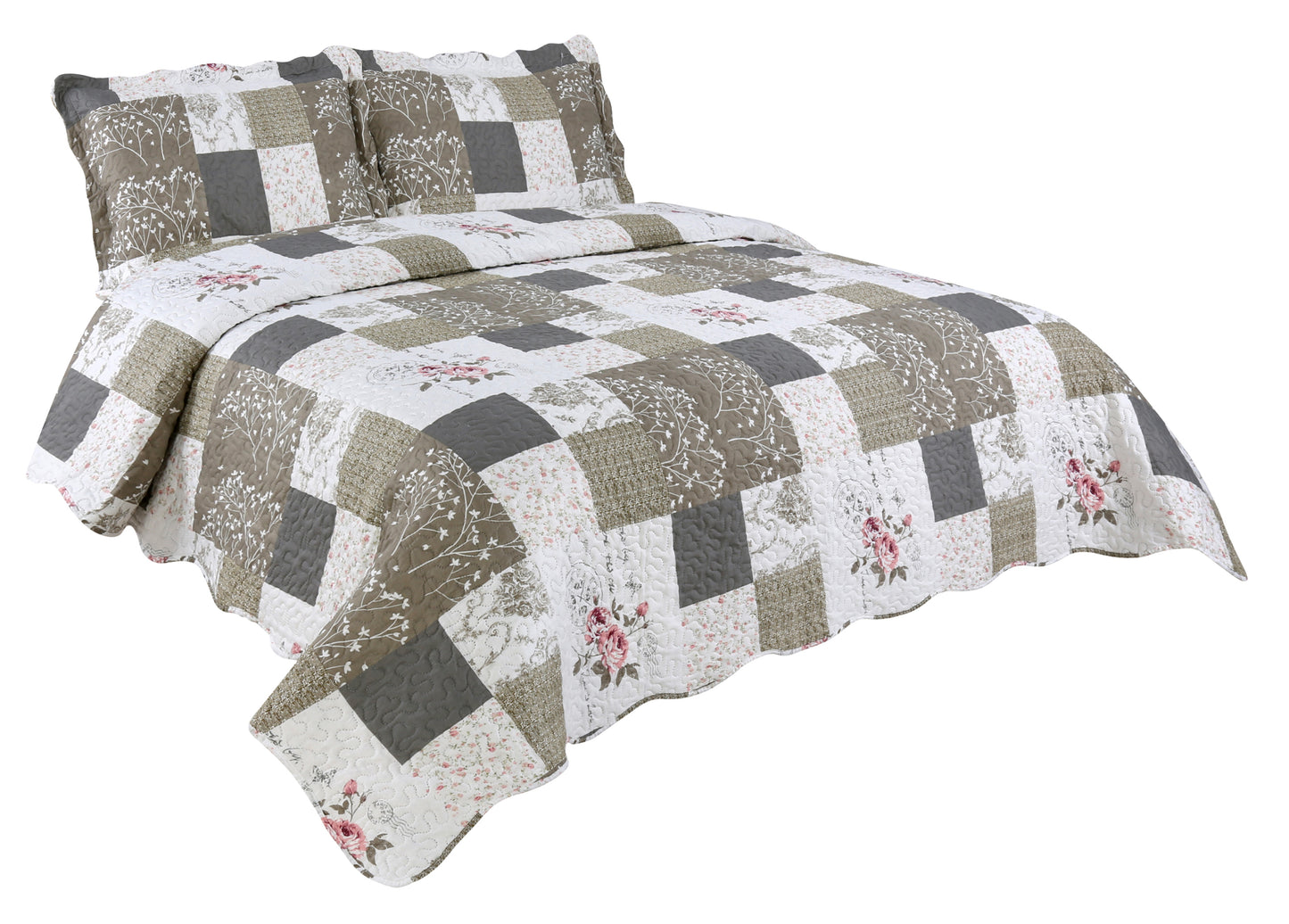Printed Embossed Pinsonic Soft Bedding Summer Quilt Set, Rose Floral Plaid