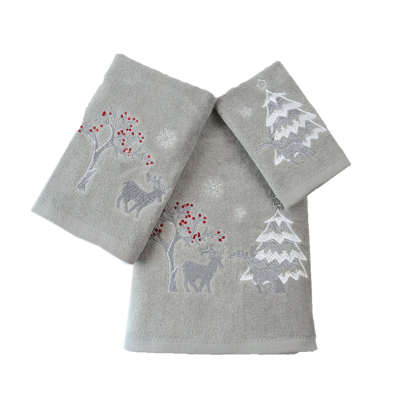 Premium Luxury Xmas Decor Soft 100% Cotton Embroidered Bathroom Christmas 3 Piece Towel Set, Silver Deer