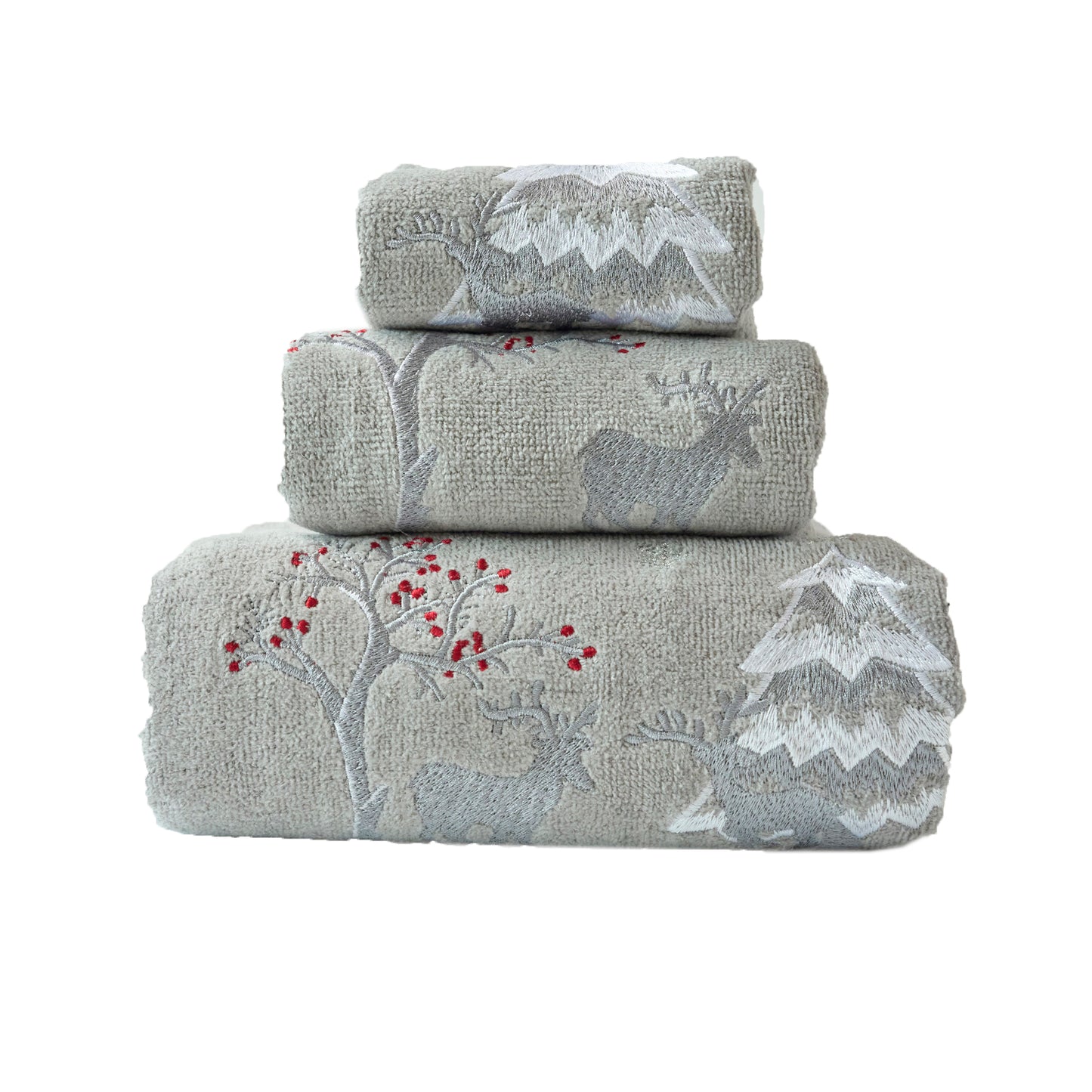Premium Luxury Xmas Decor Soft 100% Cotton Embroidered Bathroom Christmas 3 Piece Towel Set, Silver Deer