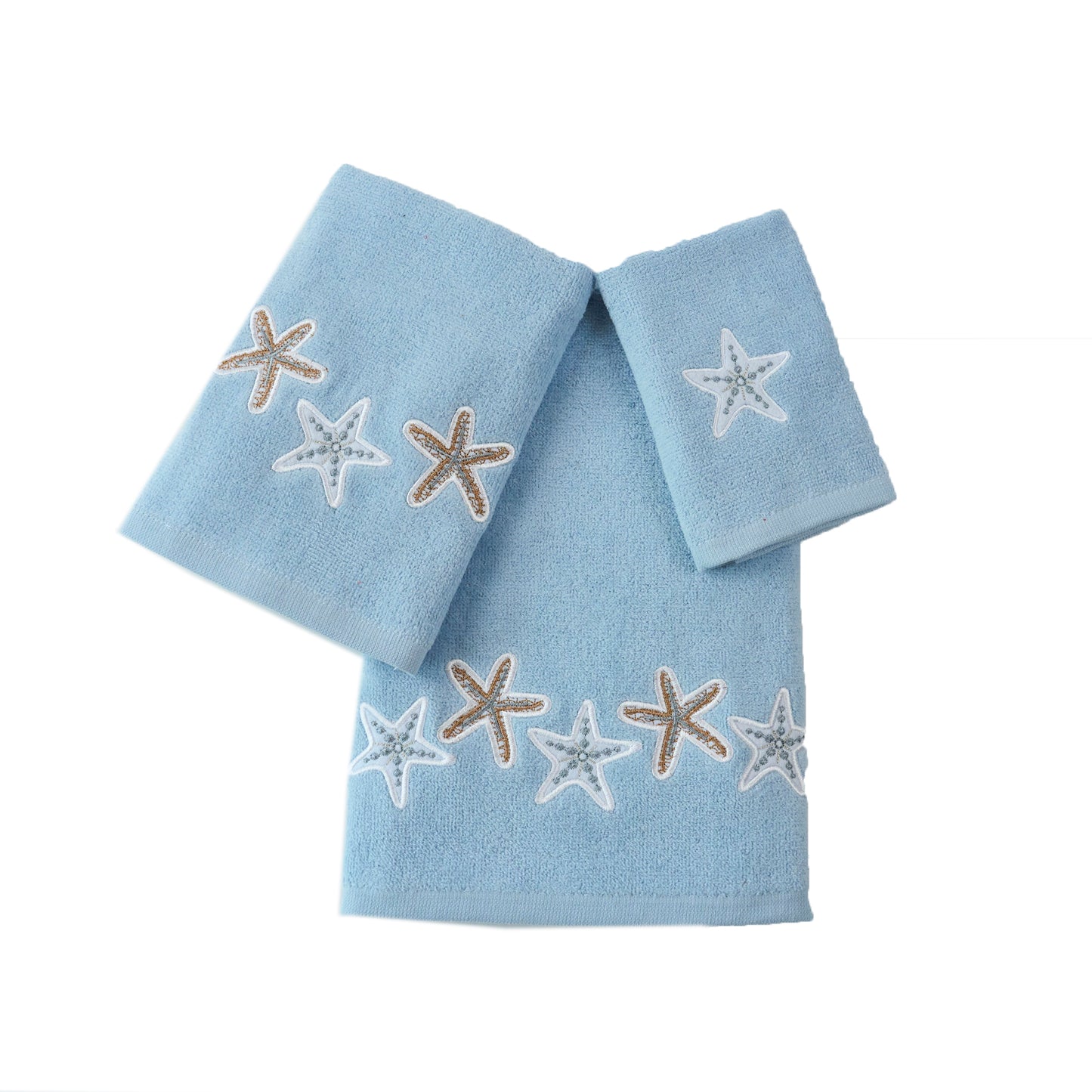 Premium Luxury Decor 100% Cotton Soft Bathroom Modern Embroidered 3 Piece Towel Set, Starfish Blue Pattern